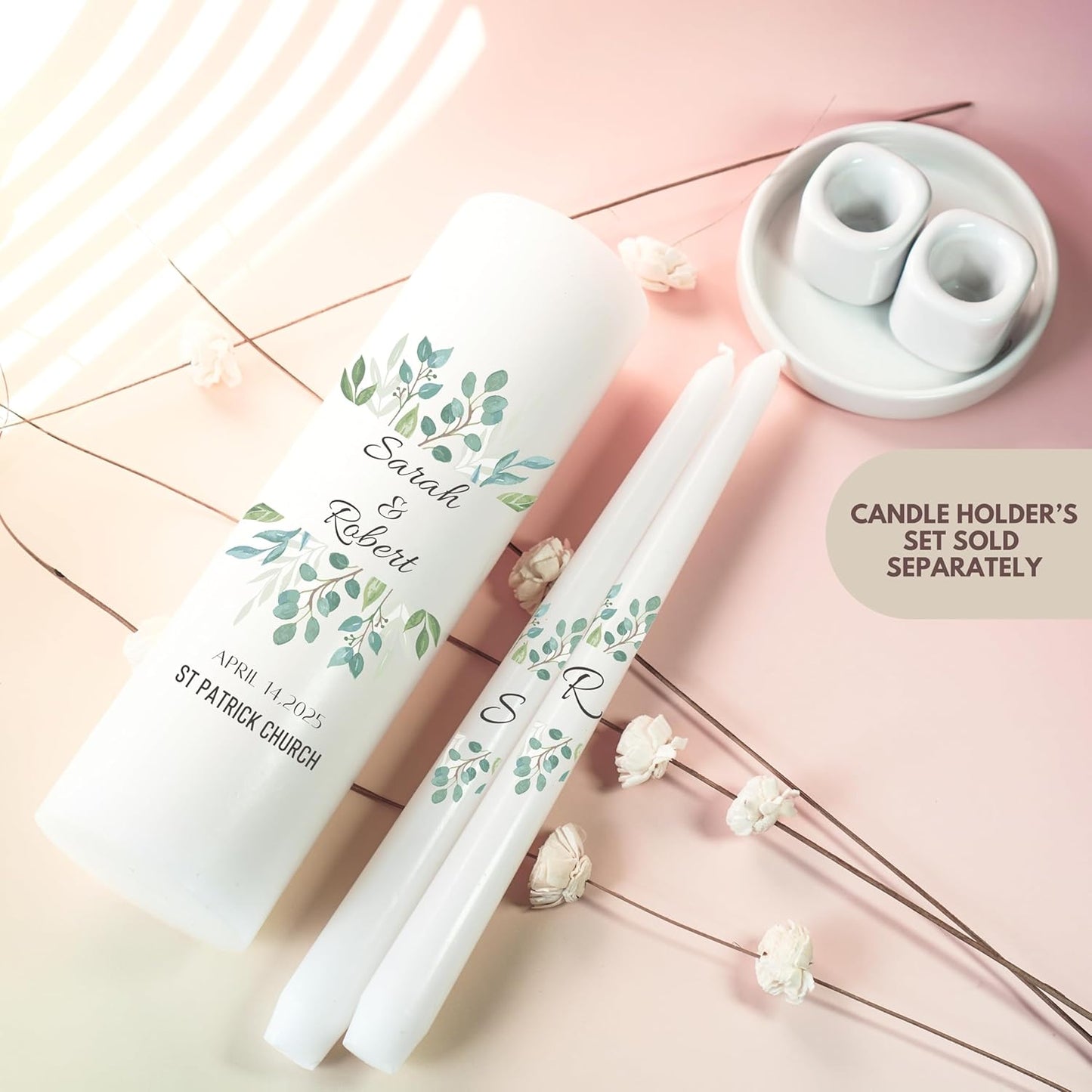 Unity Candles for Wedding, Modern Unity Set, Custom and Personalized Pillar and Taper Candles, Unscented White Premium Wax, Religious and Wedding Ceremony, Special Events (Olive)