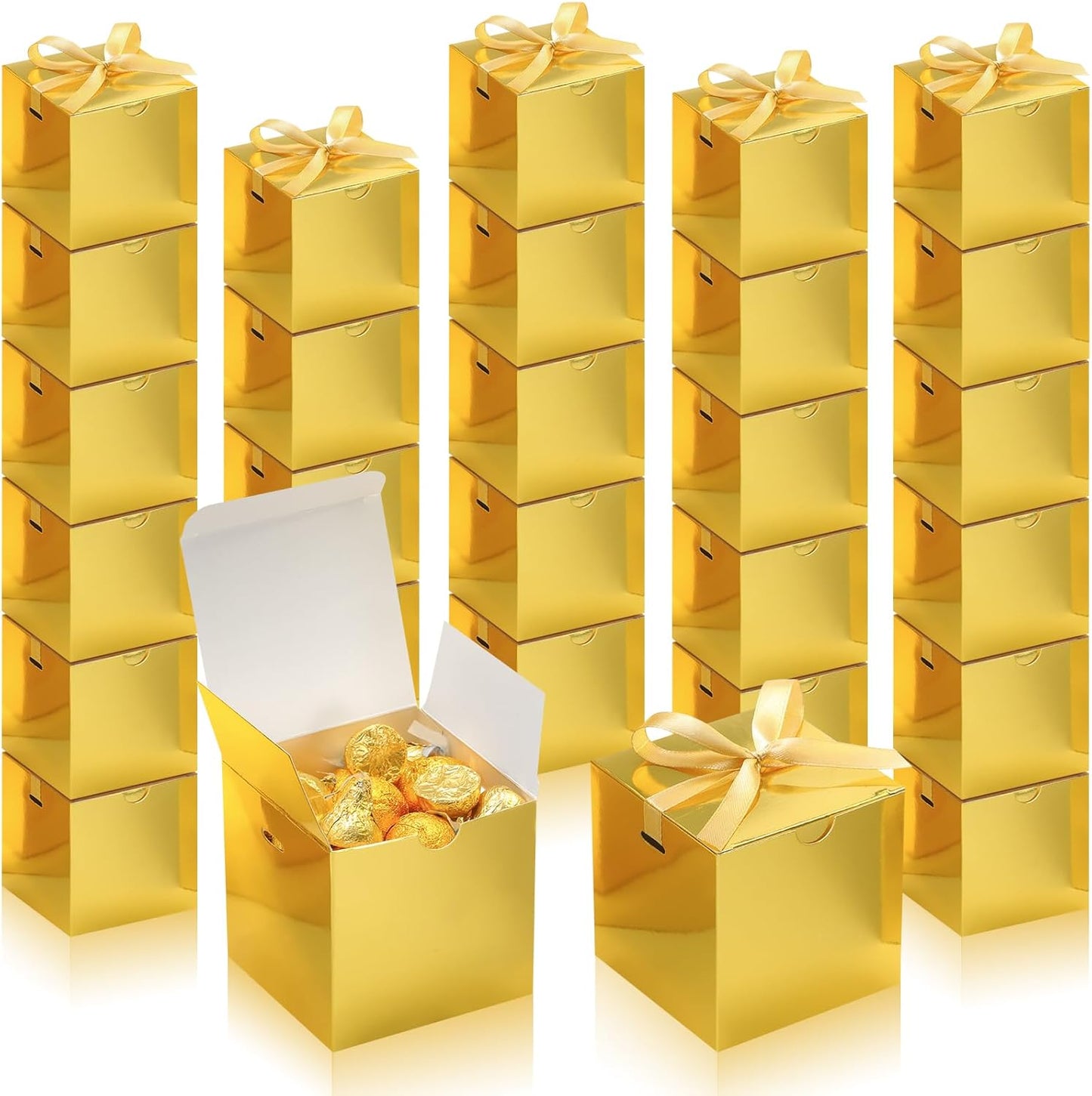 DOYIDE Small Gift Boxes, 60 Pcs 4x4x4 Inch Gold Elegant Paper Box with Ribbons, Party Favor Boxes for Candy Cupcake Christmas Wedding Baby Shower Bridesmaids Birthday