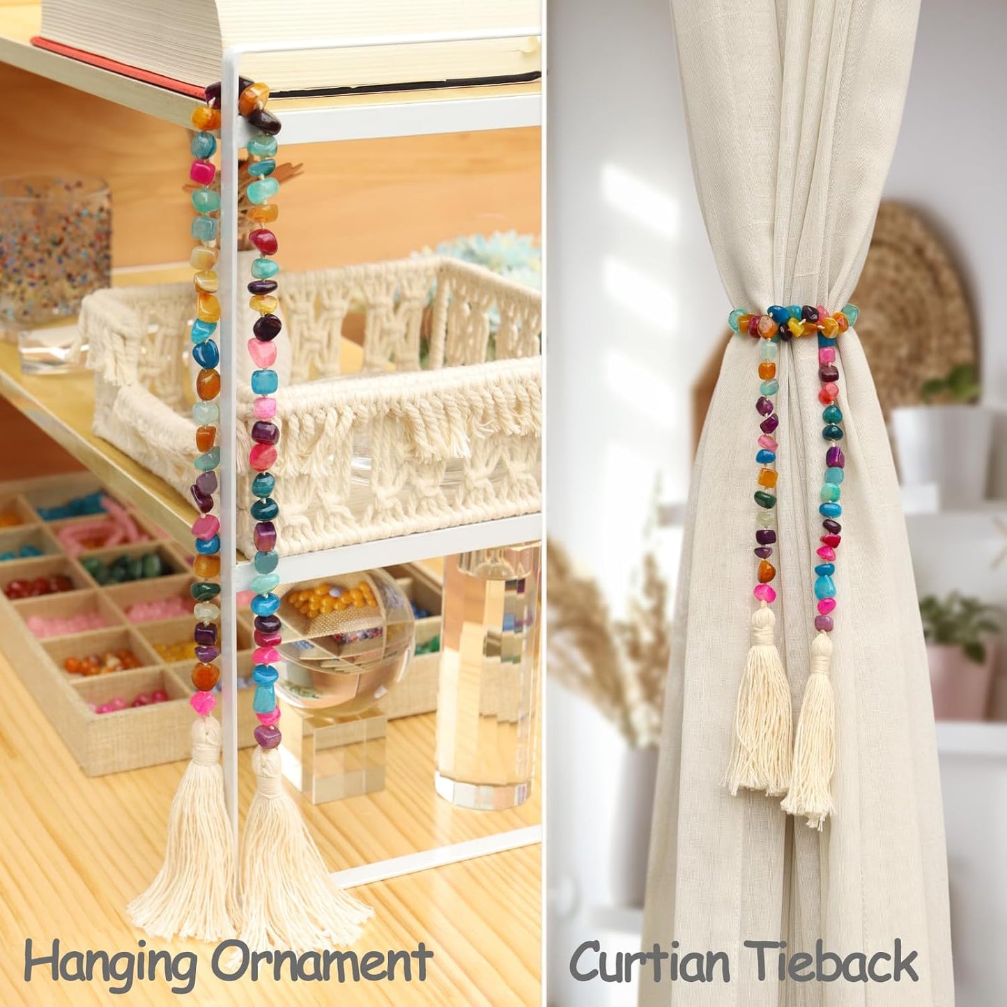 Agate Stone Hand Knotted Garland Modern Farmhouse Rustic Table Home Decor, 30inch Meditation Accessories with Tassel, Prayer Healing Beads Boho Wall Shelf Hanging Decoration (Deep Multicolor)