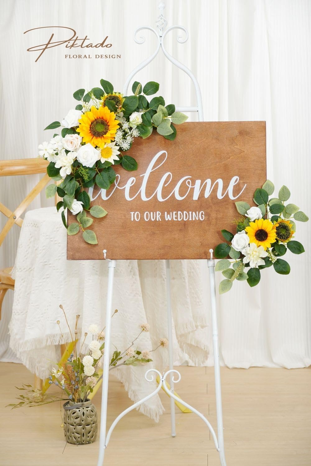 Wedding Decor (Pack of 2) Welcome Sign Flower Backdrop Garland for Ceremony Reception Wall Easel Home Decoration Entryway Faux Outdoor Board Head Table Decor (Sunflower)