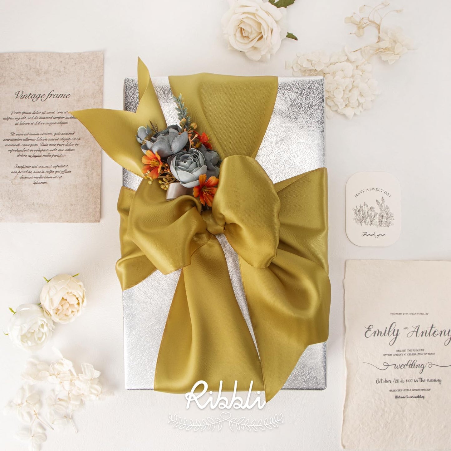 Ribbli Gold Satin Ribbon 4 Inch Wide Gold Ribbon for Wedding Chair Sash Grand Opening Ceremony Big Bows Gift Wrapping Floral Crafts Cake Decor-Double Faced Satin Continuous 10 Yards