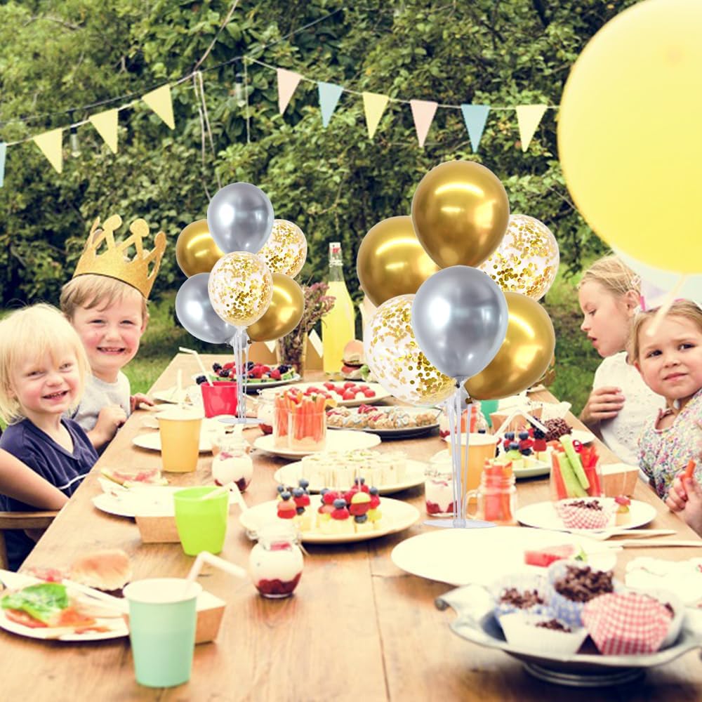 TONIFUL 4 Table Centerpiece Balloon Stand Kit Include Silver Gold Latex Confetti Balloons for 2025 Graduation,New Years 2025,Birthday,Retirement, Christmas, Anniversary Table Party Decoration