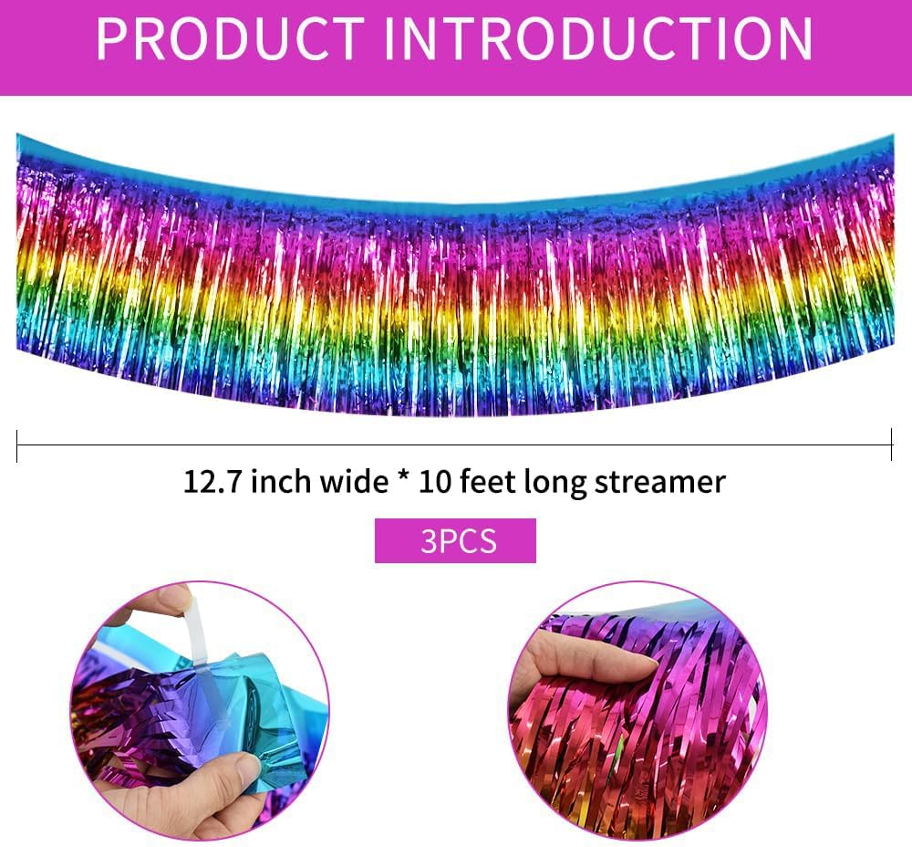 BEISHIDA 3 Packs Metallic Foil Fringe Garland Dark Rainbow Wall Hanging Tinsel Fringe Banners for Halloween Car Floats Bridal Shower Wedding Birthday Easter Graduation Holiday Party Decoration(30 Feet