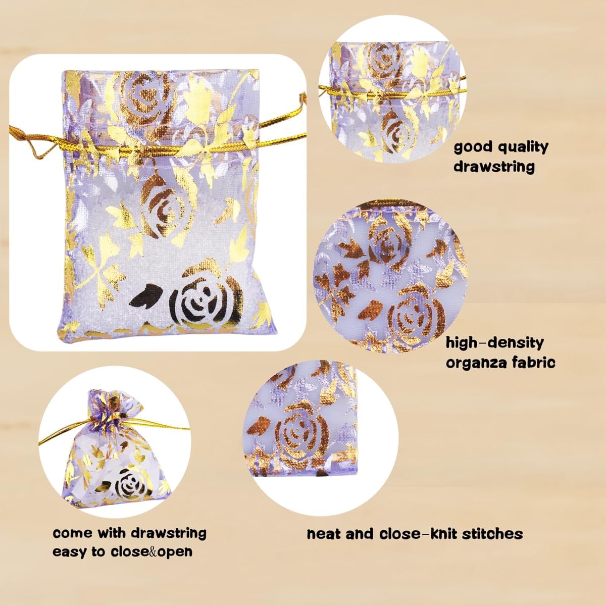 QIANHAILIZZ 100 Pack 2.8 x 3.5 Inch Flower Heart Organza Jewelry Gift Pouch Candy Pouch Drawstring Wedding Favor Bags B511S (lilac gold flower)