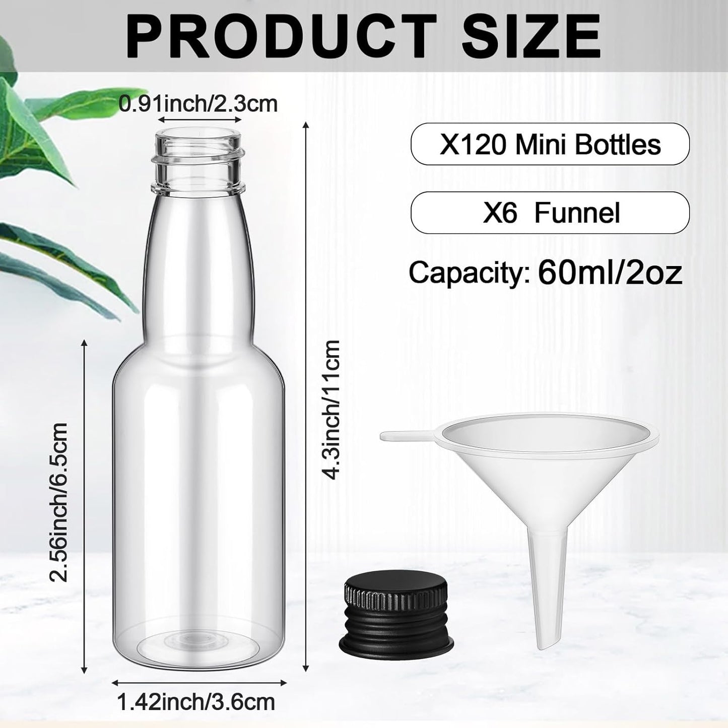 120 Pcs Mini Liquor Bottles Airtight Shot Miniature Empty Plastic Alcohol Spirit Shot Bottles with Funnels for Party Favors, Weddings(2 oz,Black)