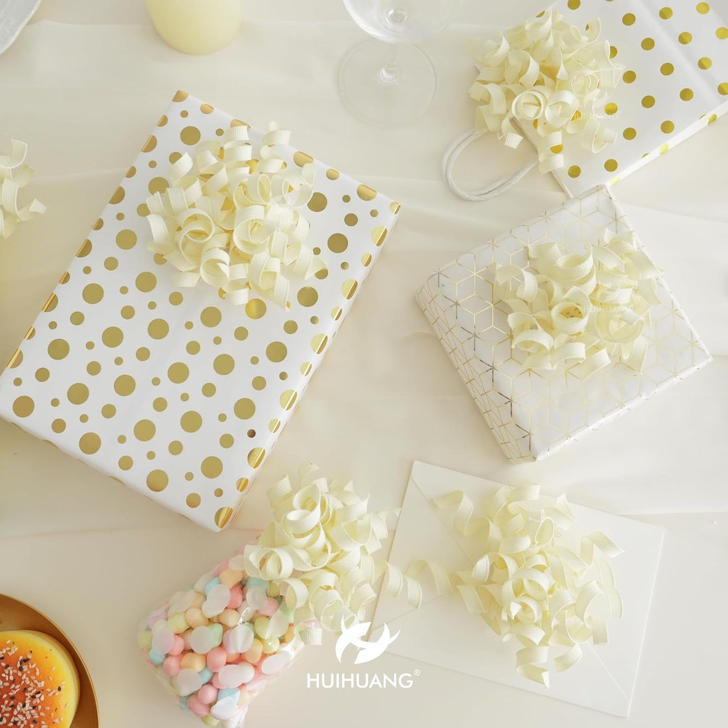 HUIHUANG Ivory Bows for Gift Wrapping, White Curly Ribbon Bows Self Adhesive Burst Gift Bow for Presents, Wine Bottle, Treat Bags, Wrap Accessories, Bridal Shower Wedding Party Favor - 6 Counts