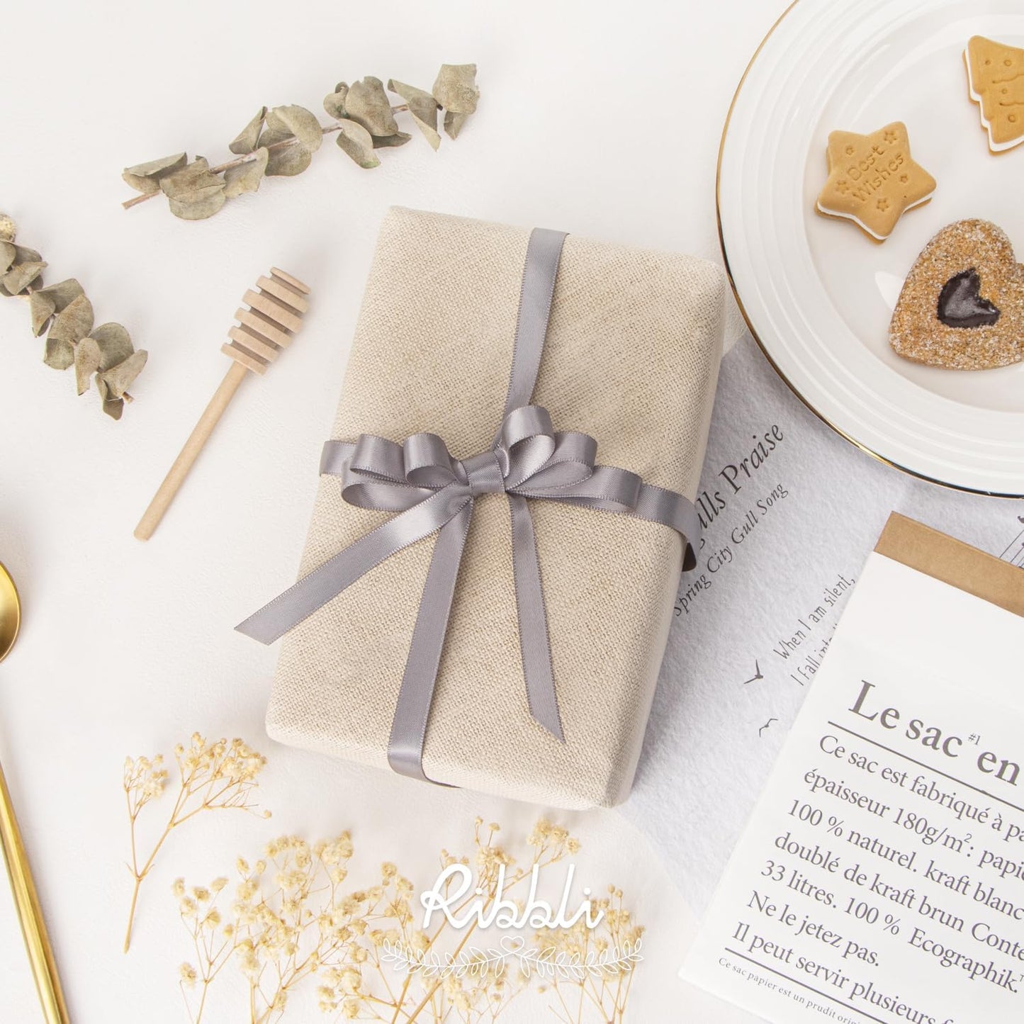 Ribbli Double Faced Silver Satin Ribbon,3/8” x Continuous 25 Yards,Use for Bows Bouquet,Gift Wrapping,Floral Arrangement