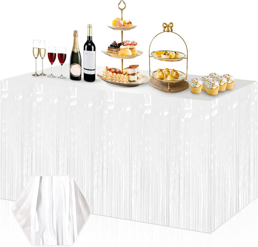 3 Pack 29x108 Inch Macaron White Foil Fringe Table Skirts Metallic Banner for Tinsel Streamer Garland Backdrop for Parade Floats Wedding Thanksgiving Birthday Christmas Halloween Party Decoration