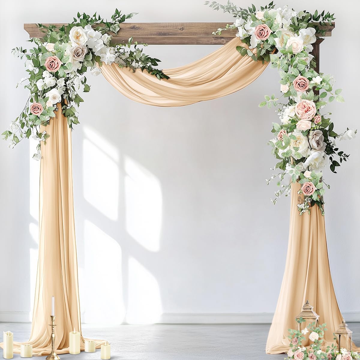Socomi Wedding Arch Draping Fabric 3 Panels 29" x 19Ft Champagne Sheer Chiffon Curtain Drapes 6 Yards for Wedding Ceremony Birthday Party Decoration