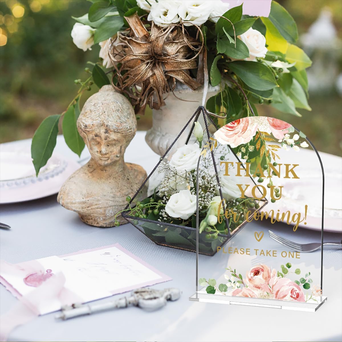 Acrylic Wedding Signs, Bridal Shower Decorations, Modern Calligraphy Arch Acrylic Table Top Sign for Wedding Reception and Engagement Parties - Thank You for Coming (Clear Pink Flowers)