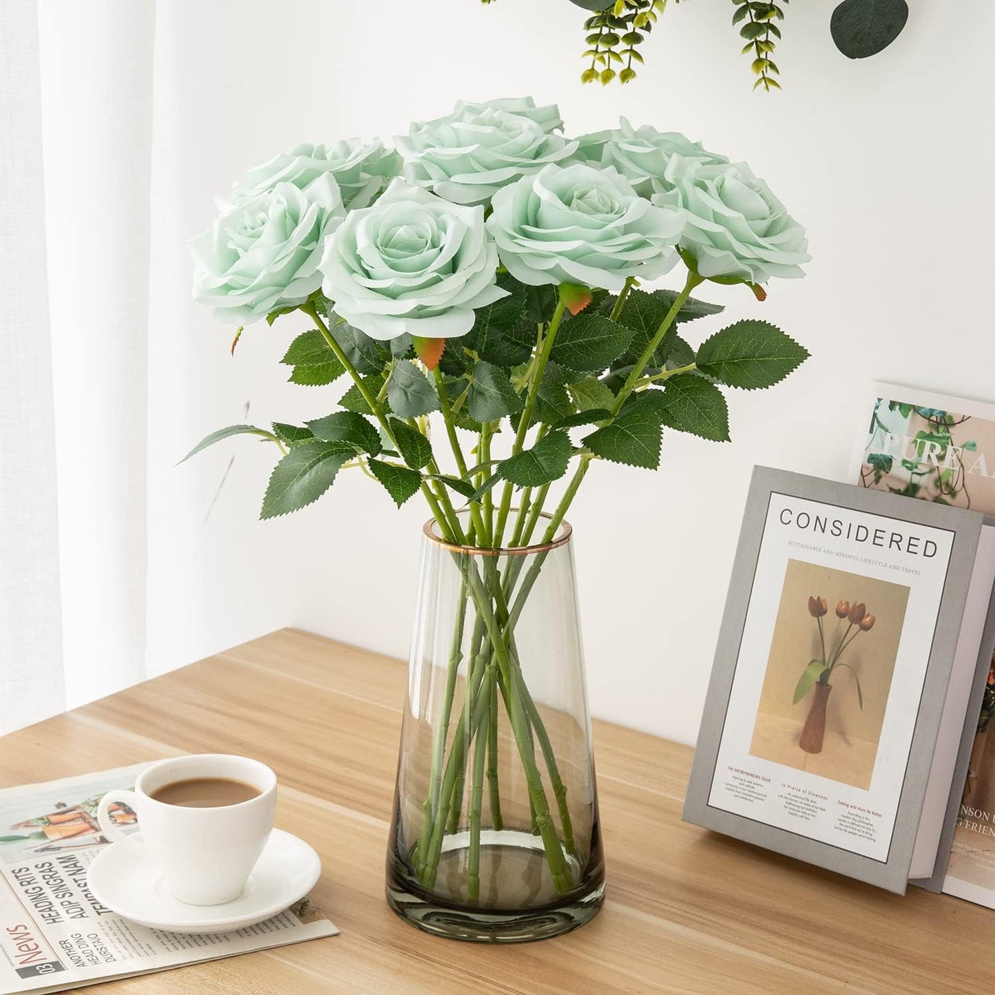 Artificial Rose 10pcs Open Flower Bouquet Sage Green Faux Rose Stems for Wedding Arrangement, Bridal Bouquet, Centerpiece, Fake Faux Silk Flowers