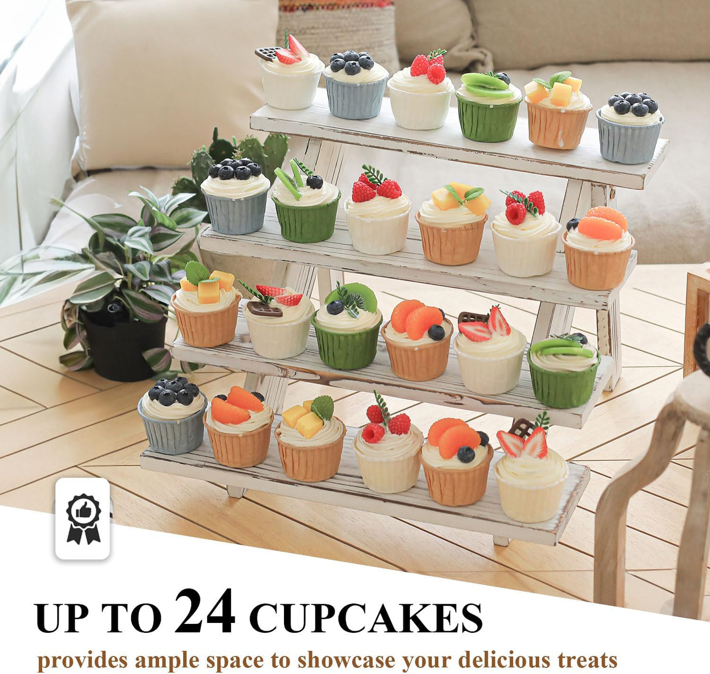 Swallowliving 2pcs Wooden Rustic Cupcake Stand for 24 Cupcakes, Stepped Wood Display Stand for Weddings, Tiered Party Table Display Riser for Food, Dessert, Cookie, Decor, Craft Show, White