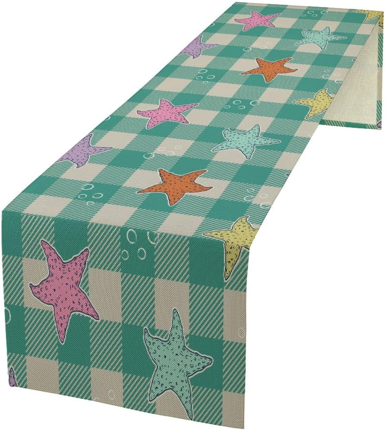 Starfish Plaid Table Flag Green Plaid and Marine Life Starfish Kitchen Table Flag Suitable for Birthday Party Restaurant Decoration Outdoor Picnic 13 * 60 Inch