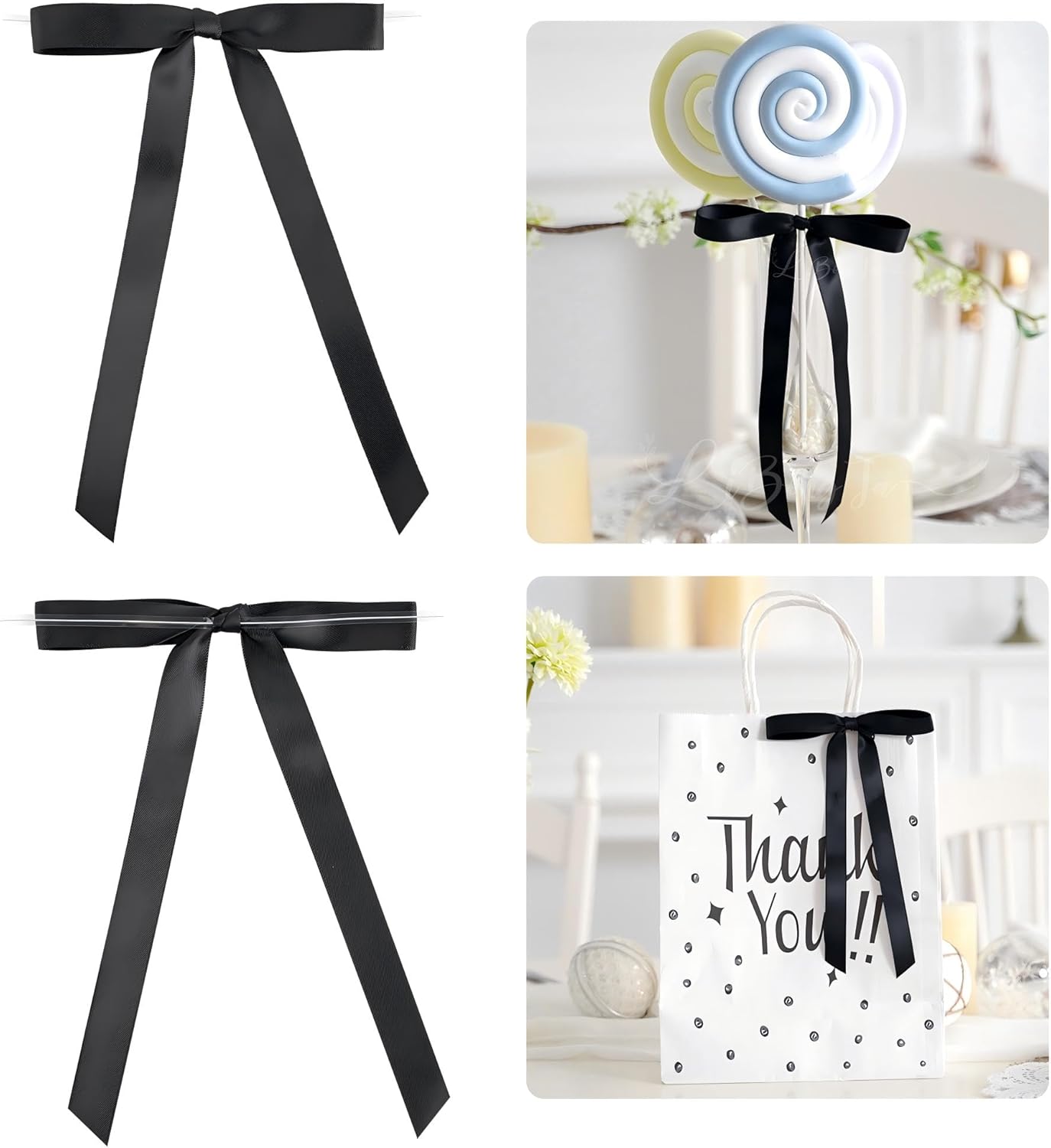 50 PCs Black Bow 5 Inch Long Tail Bows for Gift Wrapping, Easter Bow Party Decorations, Twist Tie Bows, Satin Bows for Crafts, Premade Bows for Presents, Treat Bags, Bottles, Cakes