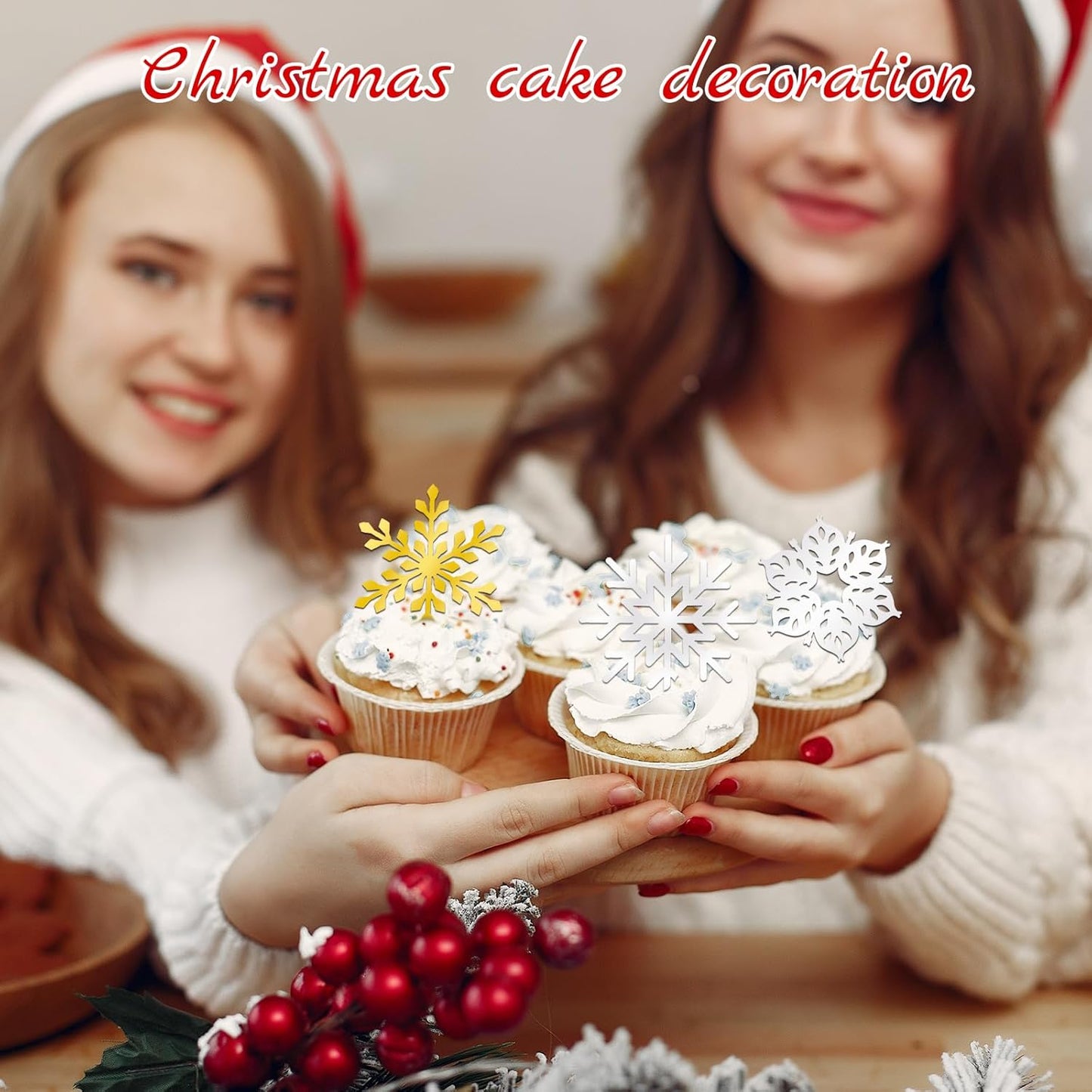 26 Pcs Merry Christmas Acrylic Cupcake Toppers Acrylic Mirror Snow Xmas Cupcake Picks New Year Party Cake Decorations