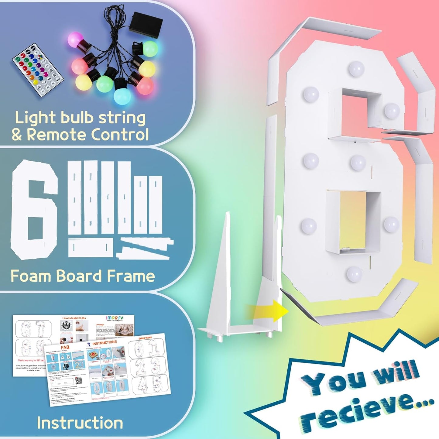 imprsv 3FT Colorful Marquee Numbers,18 Colors Number 6 with Remote, Light Up Numbers Sign for 3rd Birthday Decorations Anniversary Party Decor, Pre-Cut Foam Board Kit, Mosaic Sign for Balloon