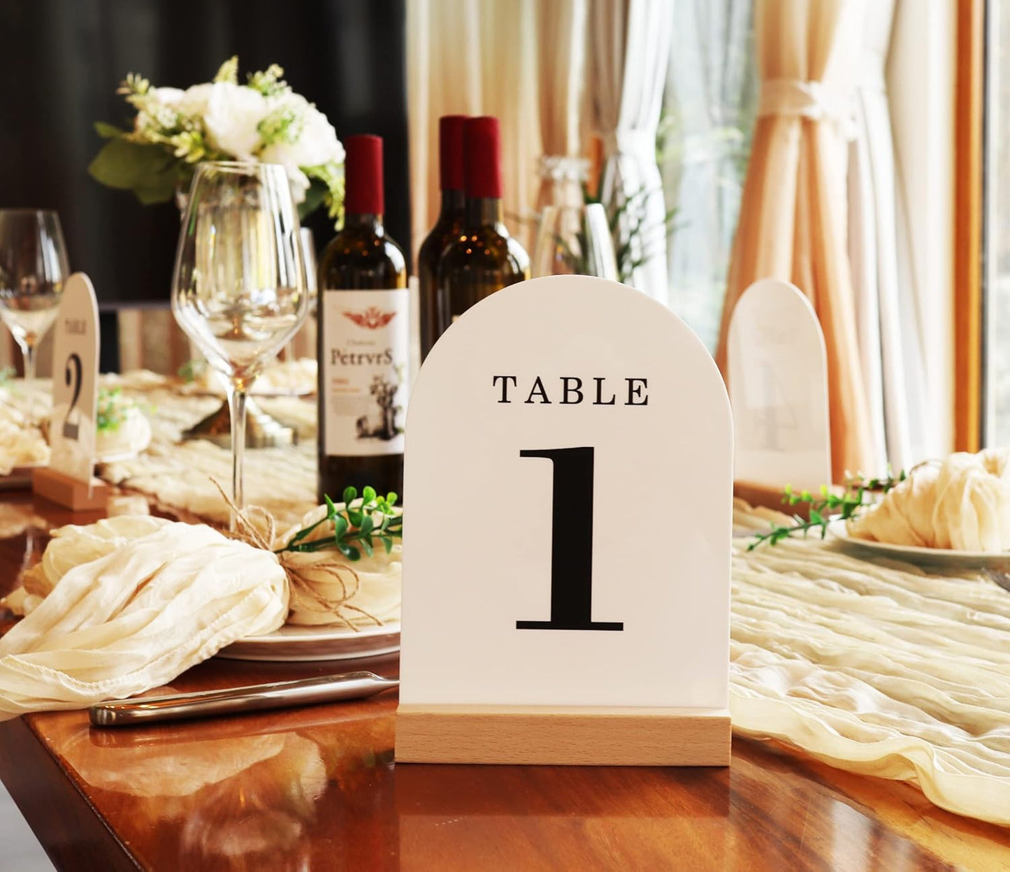 Wedding Table Numbers 1-30, Acrylic Arch Signs with Natural Wood Stands Holders, Rustic Table Decor for Reception & Parties (White Black)
