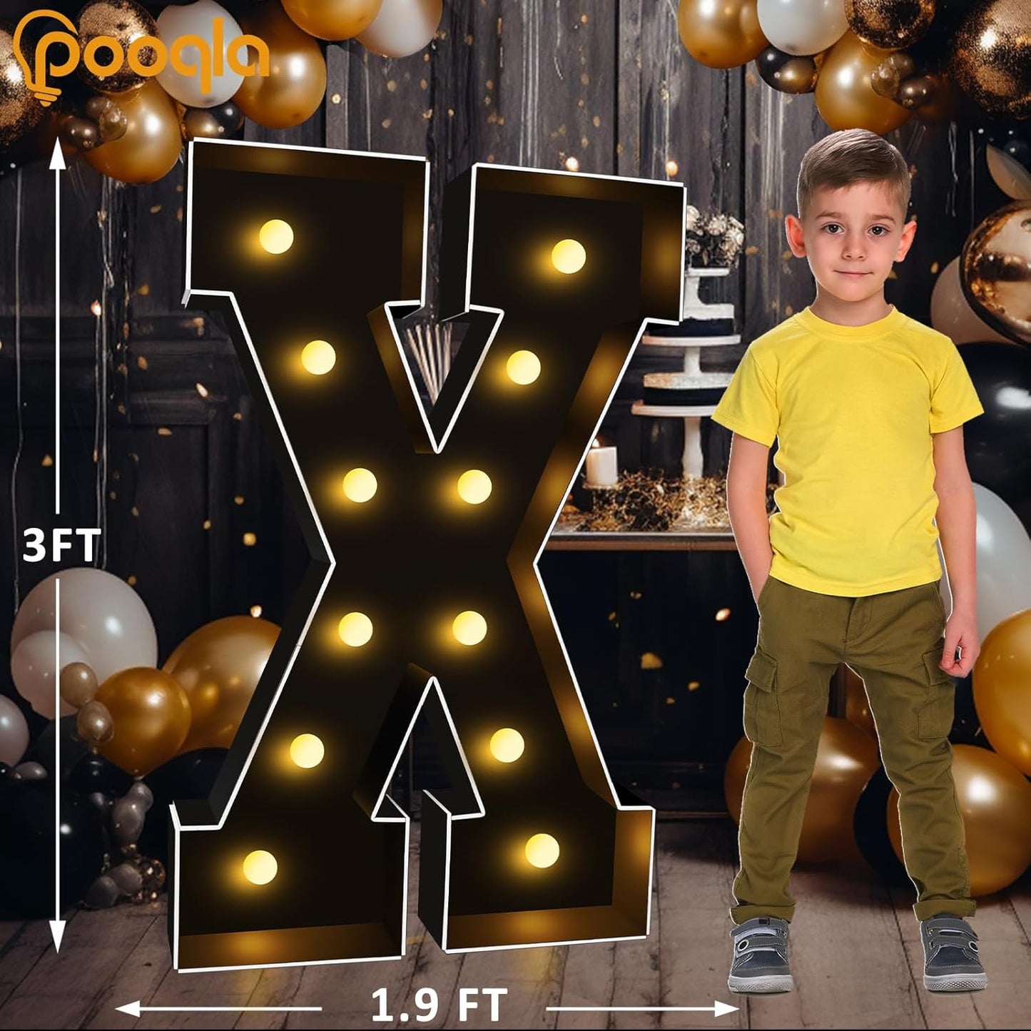 Pooqla 3FT Marquee Light Up Letters, Black LED Party Decor Large Marquee Letters 3 Feet Tall, Giant Mosaic Letter for Birthday Graduation Anniversary Wedding Decoration, Letter X