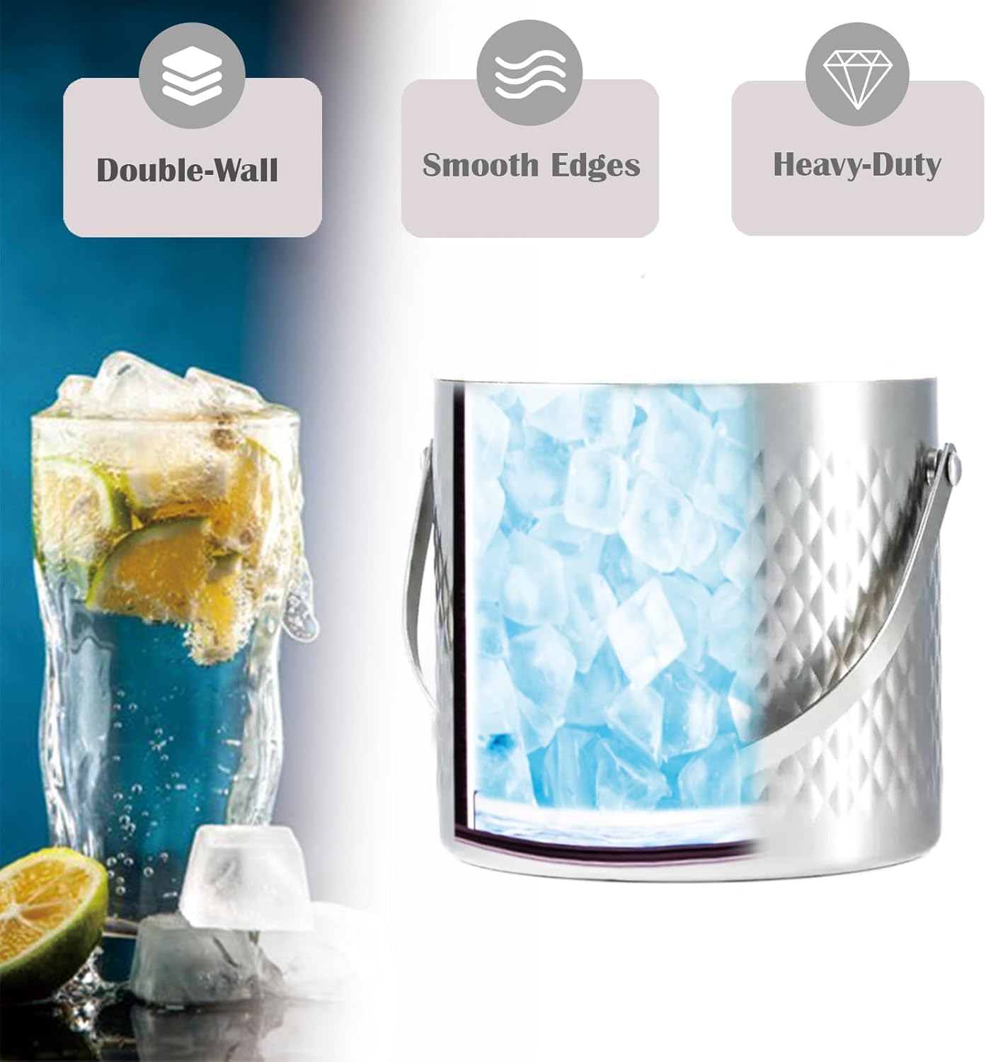 Stainless Steel Hammered Insulated Ice Bucket with Wooden Lid and Ice Tongs Holds 3L of Ice Keep Ice Colder Bar Cart Accessories Champagne Bucket for Party 3L