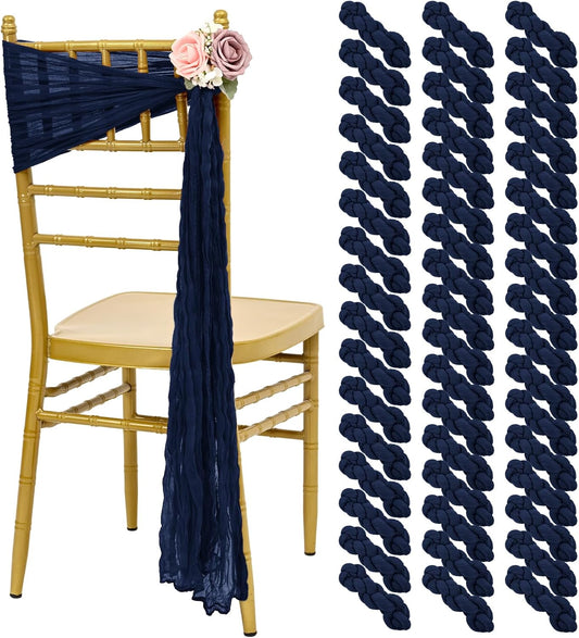 50 PCS Cheesecloth Chair Sashes, Bows Designed ChairSashes, 15.7x108 inch Chair Sashes for Aisle Decorations Universal Chairs Cover Decoration for Wedding Reception Party Banquet (Navy Blue)