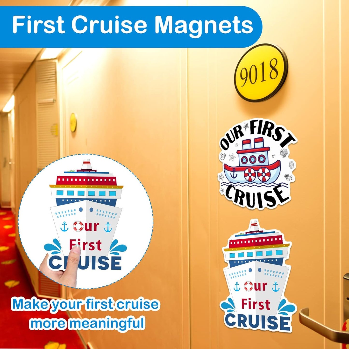 Hoteam 4 Pcs Our First Cruise Door Decorations Magnetic Large First Cruise Ship Door Magnets Funny Waterproof Nautical Magnets for Carnival Cabin Stateroom Fridge Car