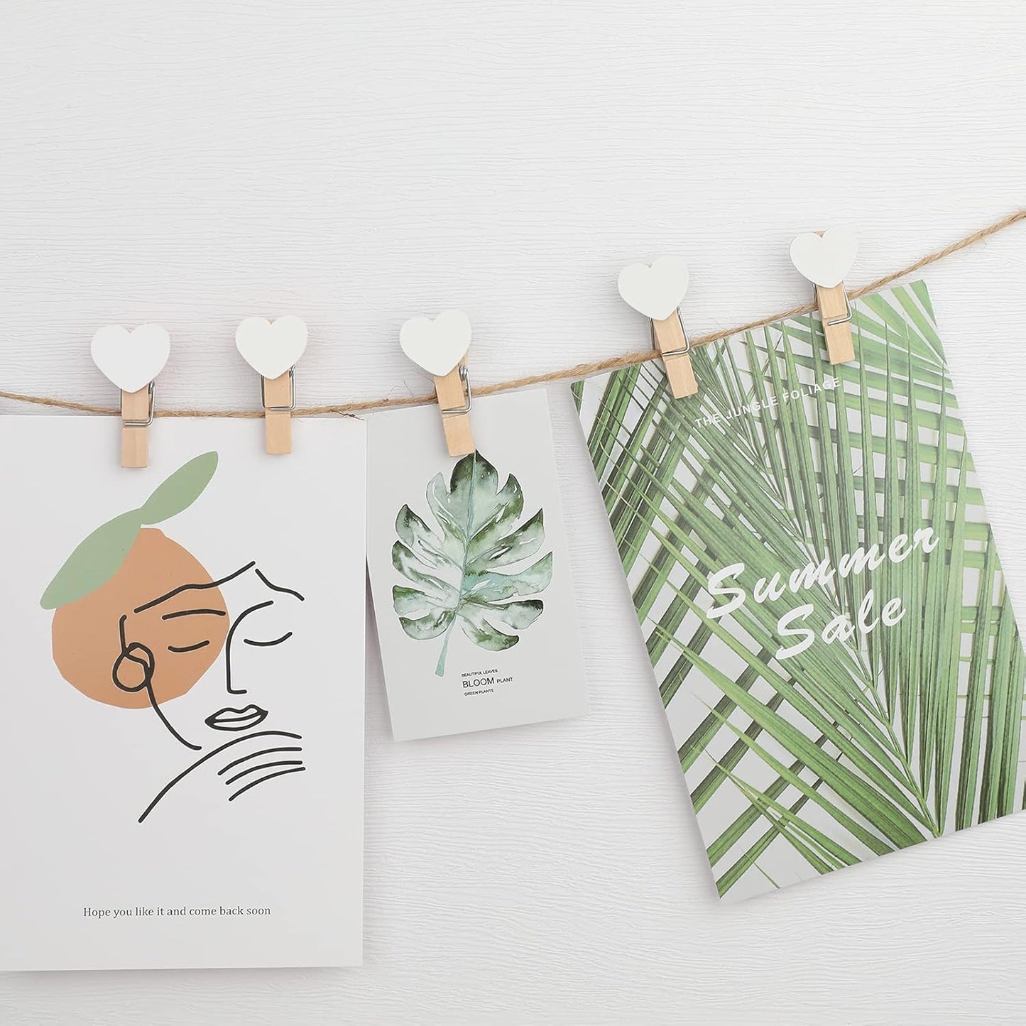 100 Pcs White Mini Wooden Heart Clothespins 3.5 cm with Spring Wooden Photo Paper Pegs Craft Clips for Wedding Party Decor with 100 Feet Jute Twine