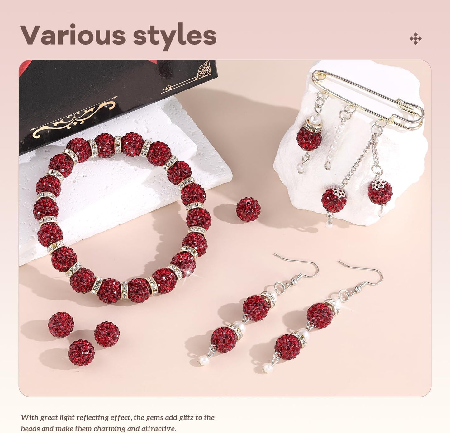 160pcs 10mm Rhinestone Beads for Jewelry Making, Dark Red Shiny Round Disco Ball Beads Bulk, Sparkle Crystal Clay Christmas for Bracelet Baseball Necklace Earring Crafting and DIY