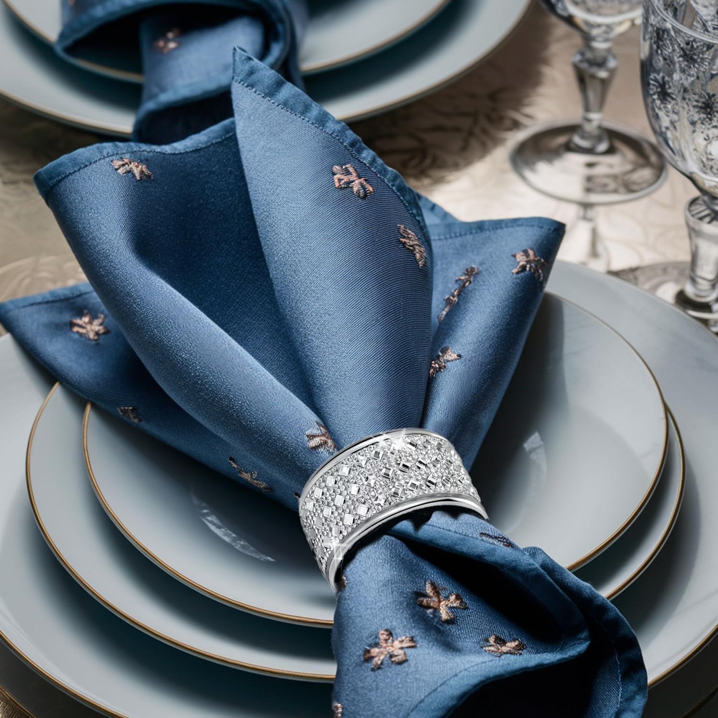 Silver Diamond Napkin Ring Set of 24 Rhinestone Crystal Glass Framed Napkin Holder for Table Decor,Thanksgiving,Christmas,Anniversary, Birthday, Holiday, Party Serviette Buckles Home Decoration