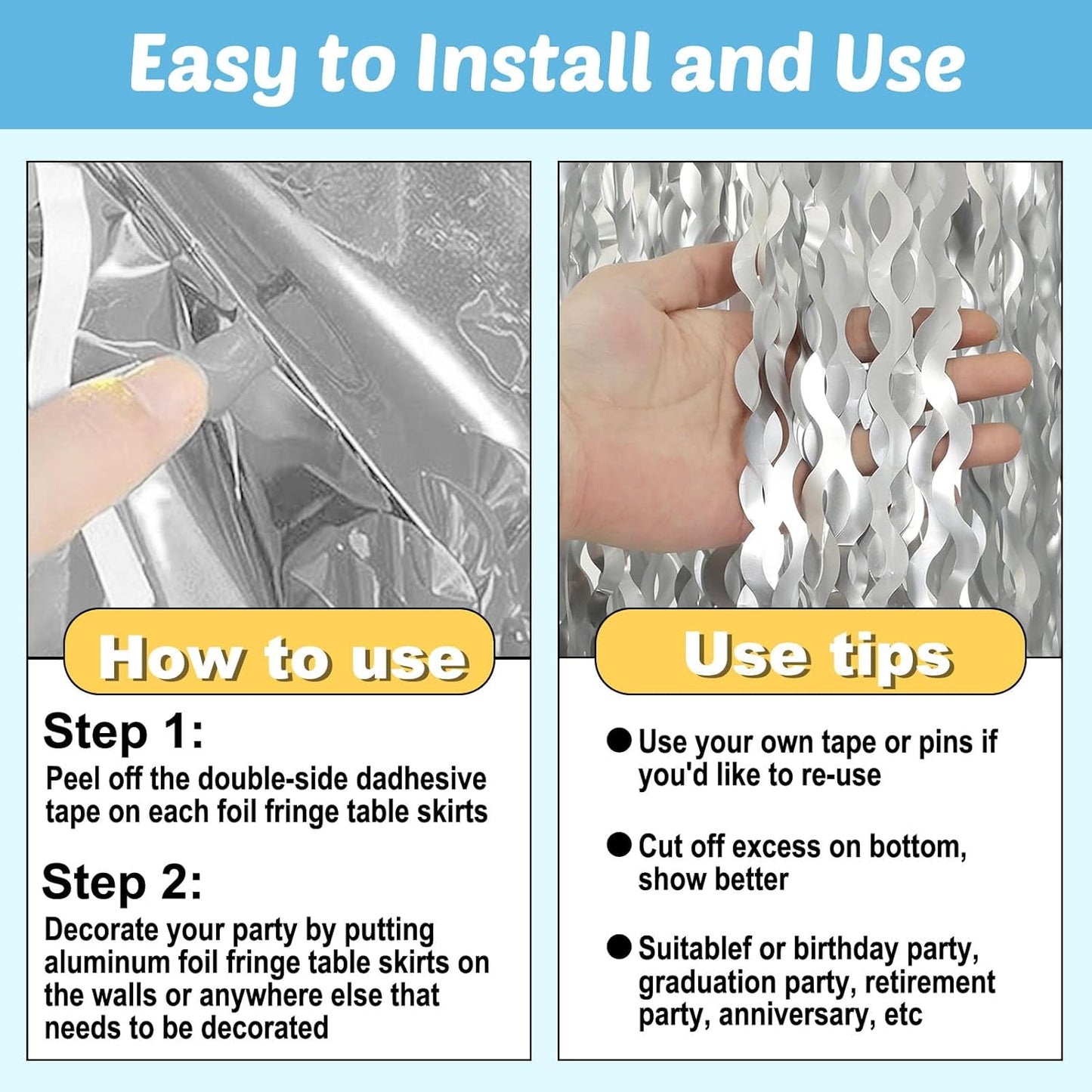 6 Pack 29x108 Inch Silver Wave Foil Fringe Table Skirts Metallic Banner for Tinsel Streamer Garland Backdrop for Parade Floats Wedding, Mother's Day, Birthday Mardi Gras Party Decorations