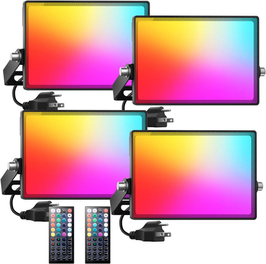 Onforu LED Flood Light Outdoor 1000W Equivalent, 150W Color Changing RGBW Floodlight with Remote, Stage Lights Uplights for Events, IP66 Uplighting Spotlight Floor Strobe Light for Christmas 4 Pack