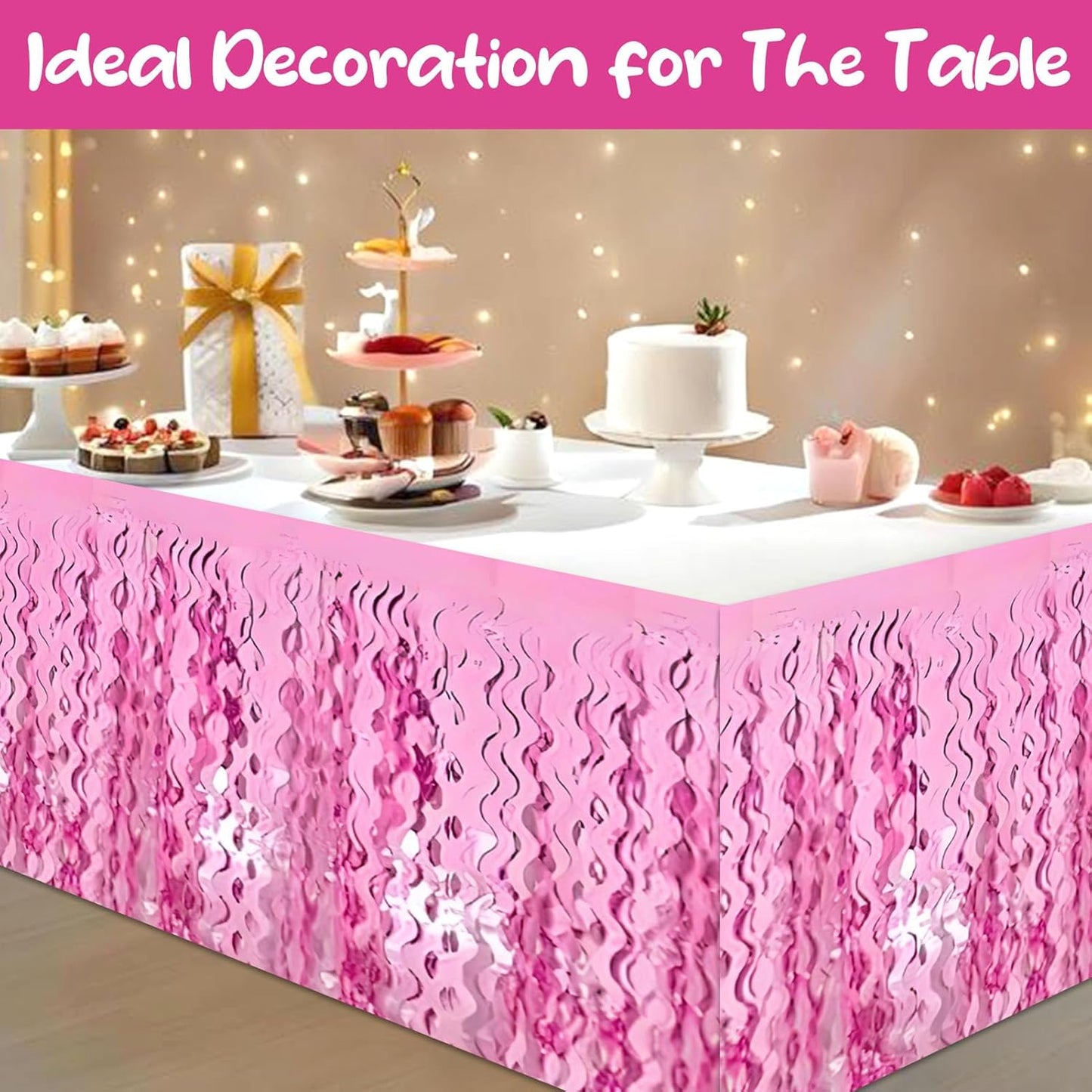 6 Pack 29 x108 Inch Pink Wave Foil Fringe Table Skirts Metallic Banner for Tinsel Streamer Garland Backdrop for Parade Floats, Mother's Day, Easter, Wedding, Birthday Party Decoration
