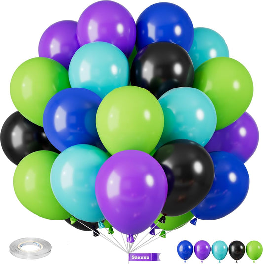 Green Purple Blue Balloons, 12 Inch Purple Green Teal Black Latex Balloons, Royal Blue Helium Support Balloon for Boys Girls Monster Theme Birthday Baby Shower Video Game Party Decorations