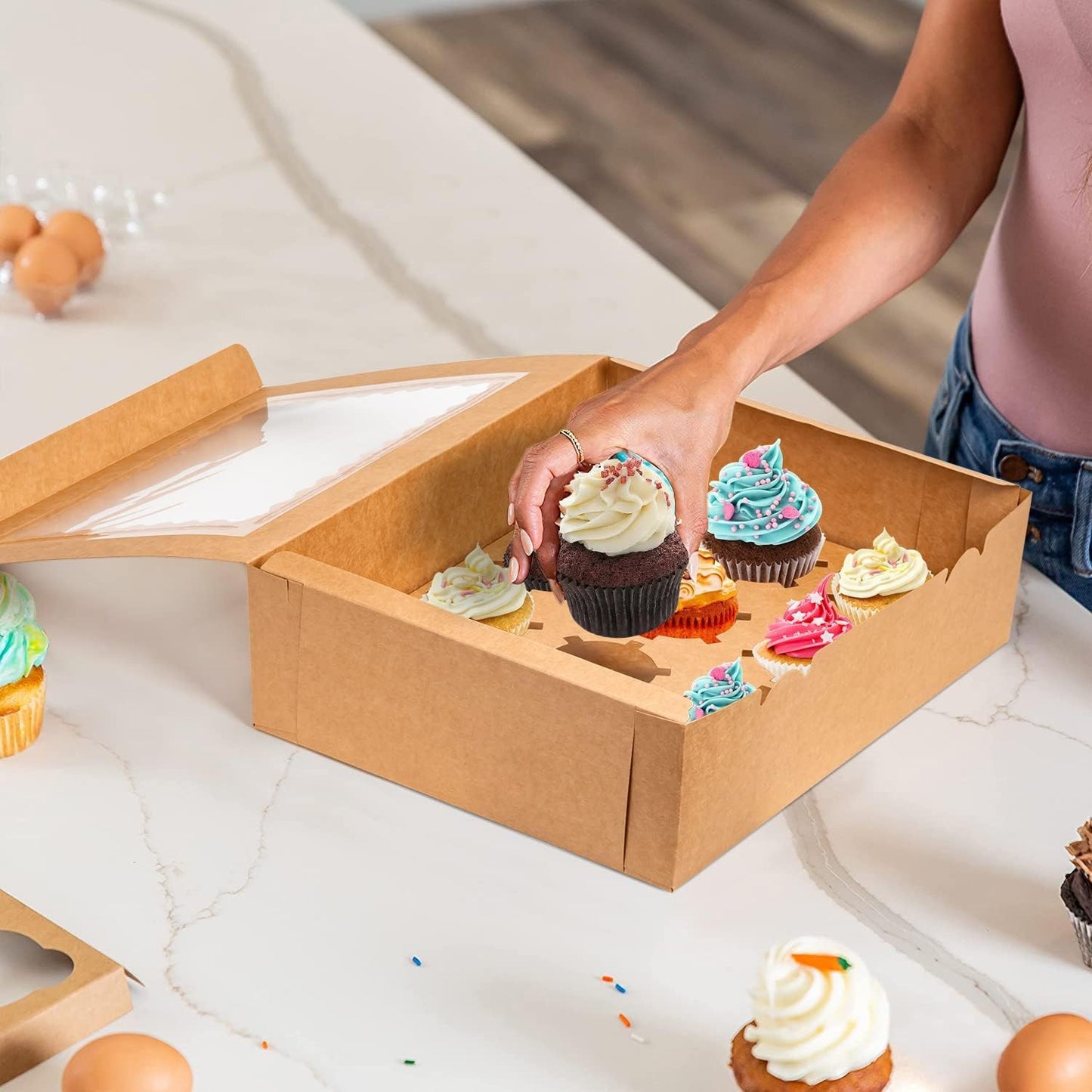 Rarapop 25 Pack Cupcake Boxes Hold 12 Standard Cupcakes, Food Grade Cupcake Holders Bakery Carrier Boxes with Windows and Inserts for Cupcakes, Muffins and Pastries
