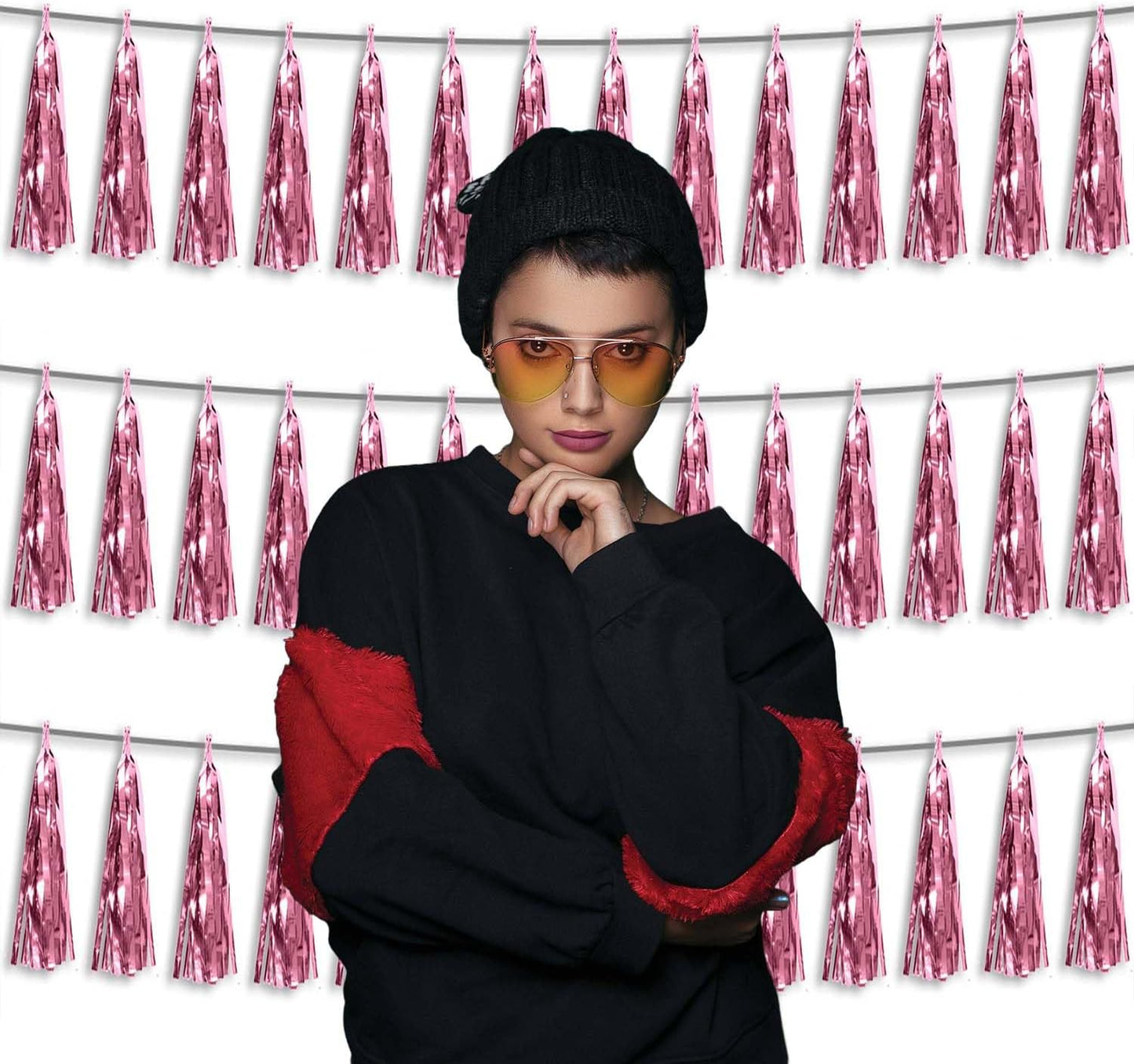 3P Metallic Fringe Tassel Banner Garland Foil Tinsel Streamer Wall Hanging Curtain Backdrop Banner for Parade Floats, Graduation Decorations, Wedding Party Decoration(Pink)