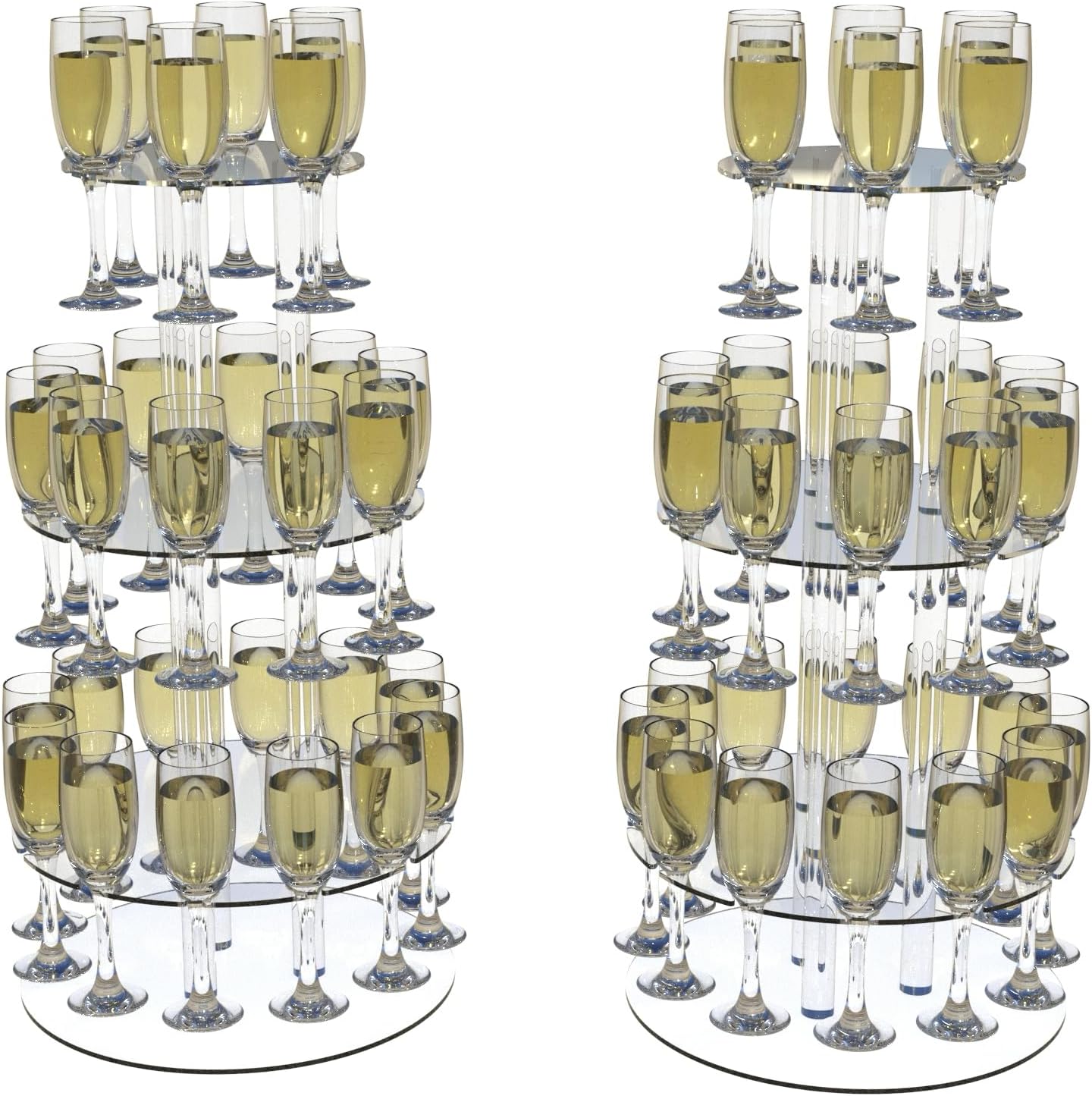 Champagne Tower, Circle Acrylic Champagne Display Rack Stand with 28 Slots, 3 Tier Floating Sight Champagne Flute Holder for Party, Wedding, School, Celebration, 13.4x13.4x25.5 inch, 2Pcs