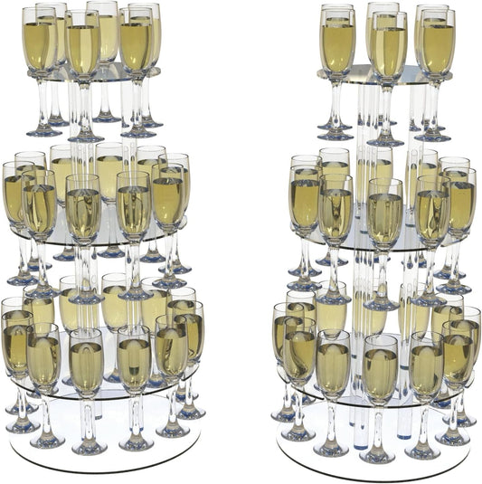 Champagne Tower, Circle Acrylic Champagne Display Rack Stand with 28 Slots, 3 Tier Floating Sight Champagne Flute Holder for Party, Wedding, School, Celebration, 13.4x13.4x25.5 inch, 2Pcs