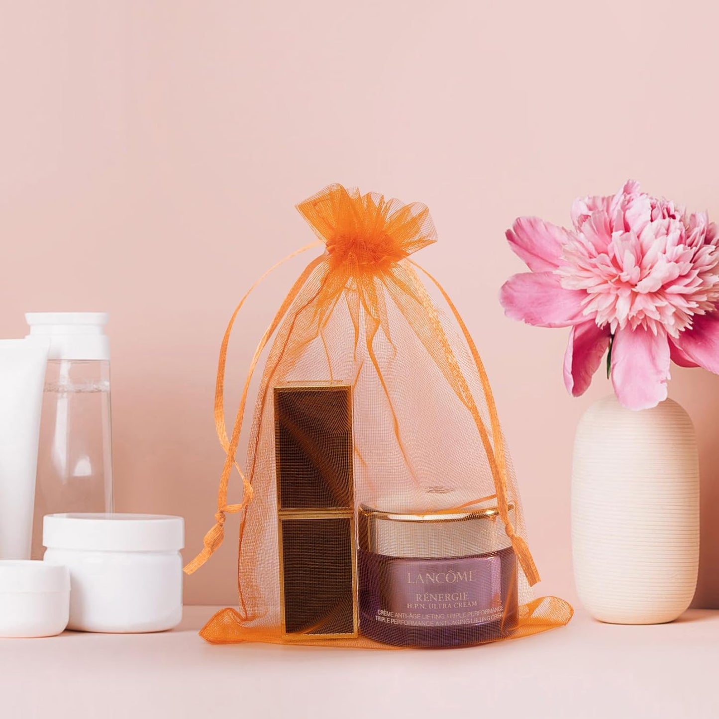 50 Pcs Orange Organza Bags 4x6 Inch, Small Mesh Drawstring Gift Bags for Halloween Treats, Candy, Birthday Party Favors