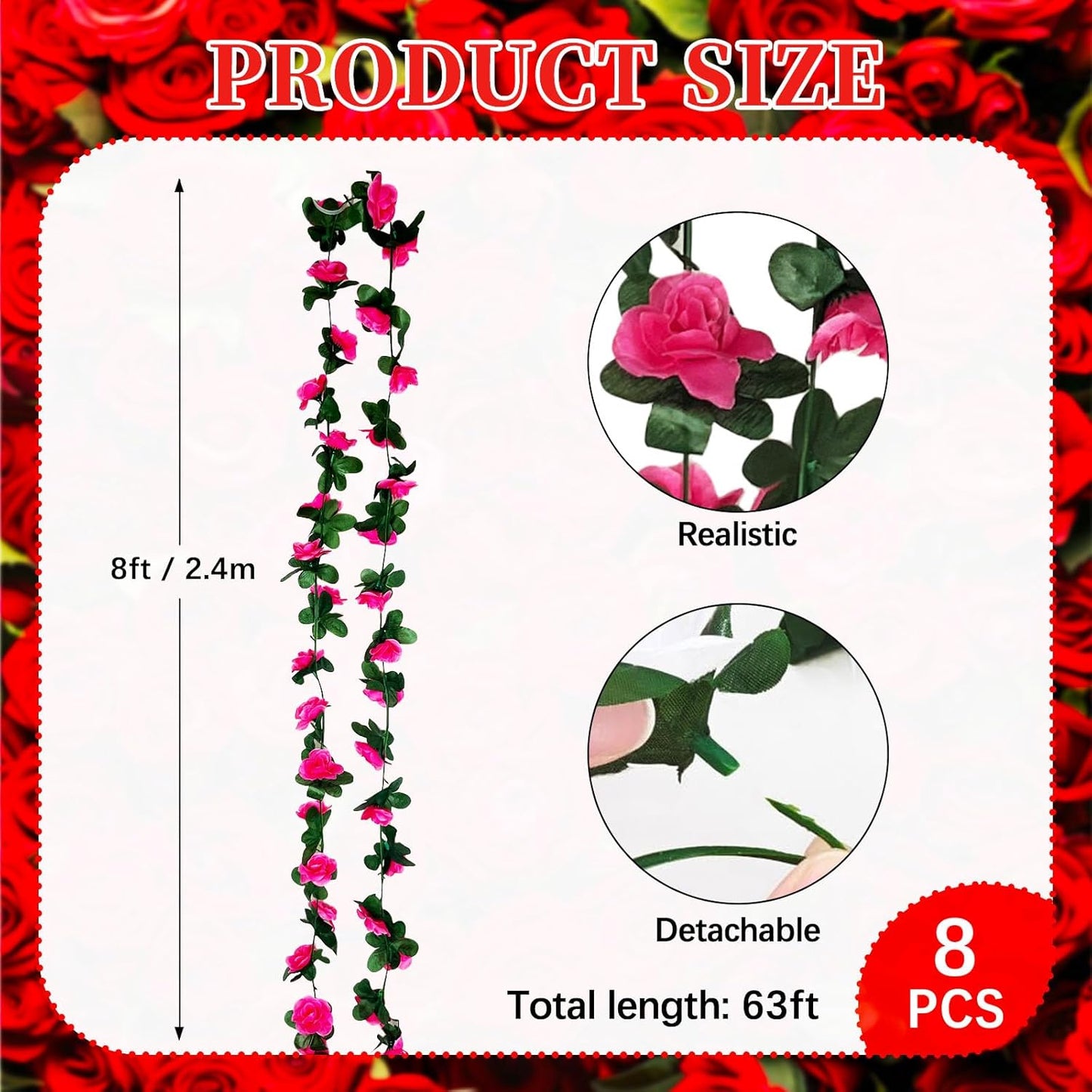 8Pcs 63Ft Fuchsia Rose Garland, Fake Rose Hanging Flowers, Artificial Flower Vine, Hanging Floral Vine Garland for Wedding, Birthday Party, Wall Arch, Halloween, Christmas Garden Backdrop Decor
