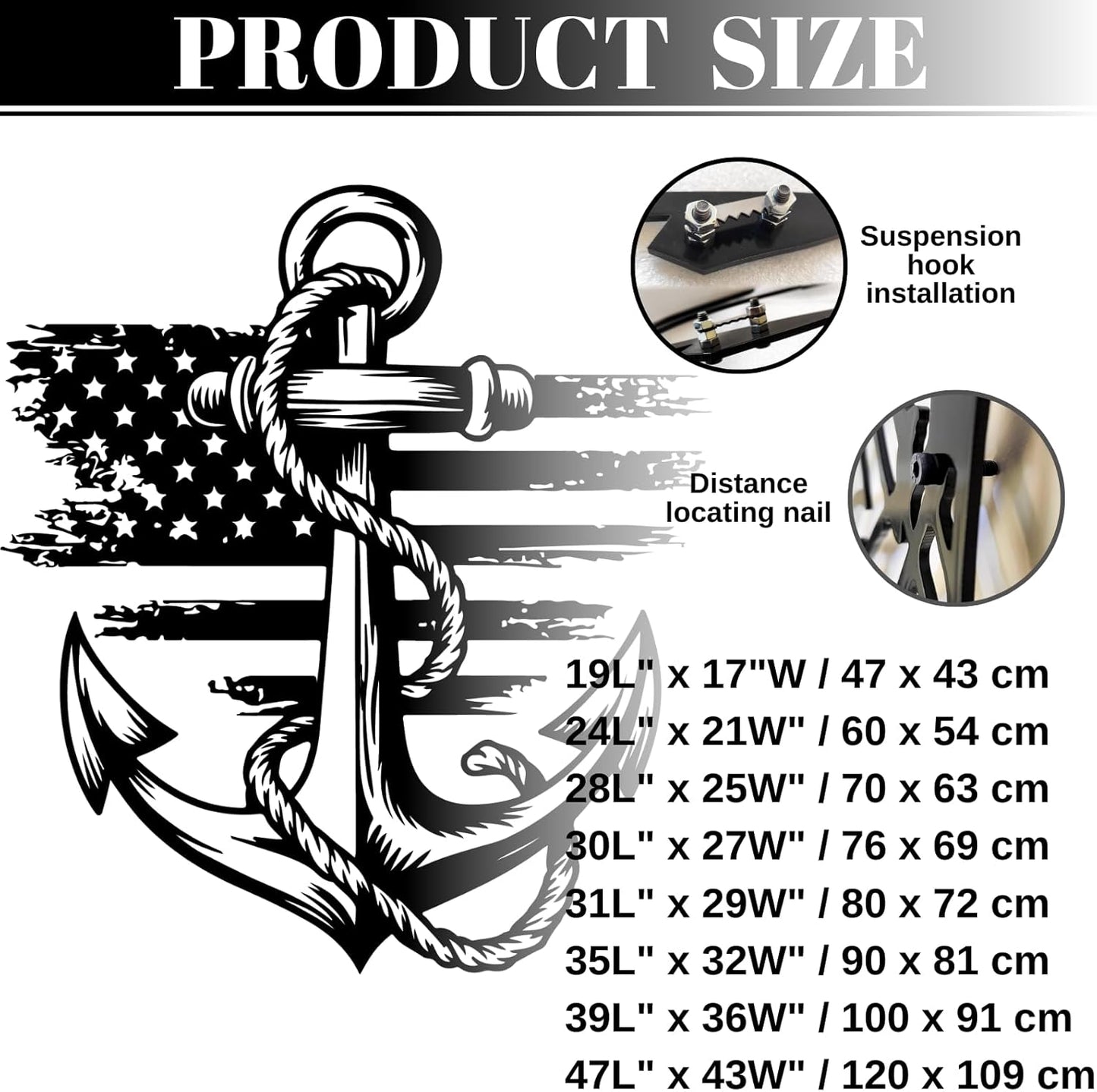 lunwall Metal Anchor Wall Decor, Anchor Metal Sign, Metal Anchor Decor, Anchor Metal Wall Art, Metal Nautical Wall Decor, Metal Wall Decor Coastal, Anchor Wall Decor (silver, 35L x 32W / 90 x 81 cm)