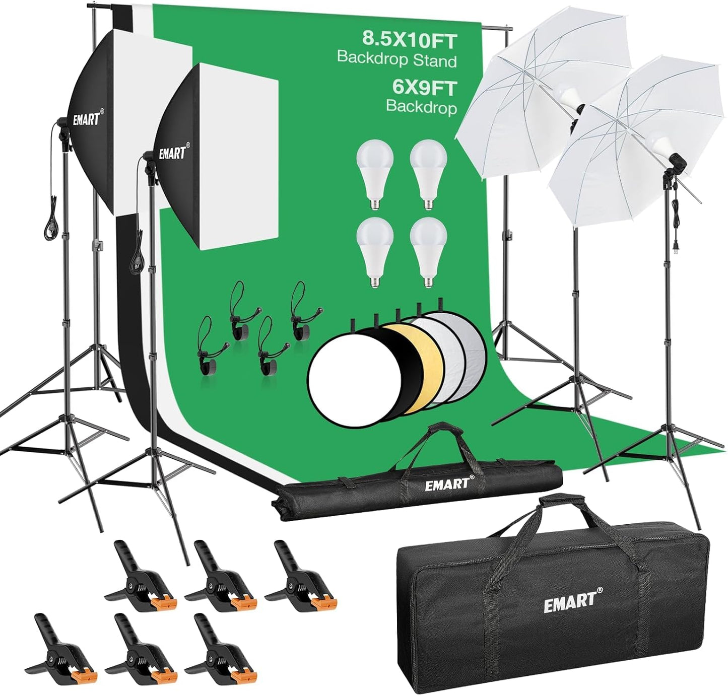 EMART 8.5 x 10 ft Backdrop Support System, Professional Photography Lighting Kit with 50W LED Bulb, Reflector, 6 * 9ft Backdrop *3, Umbrellas&Softbox Lighting Kit for Studio, Portrait, Video Shooting