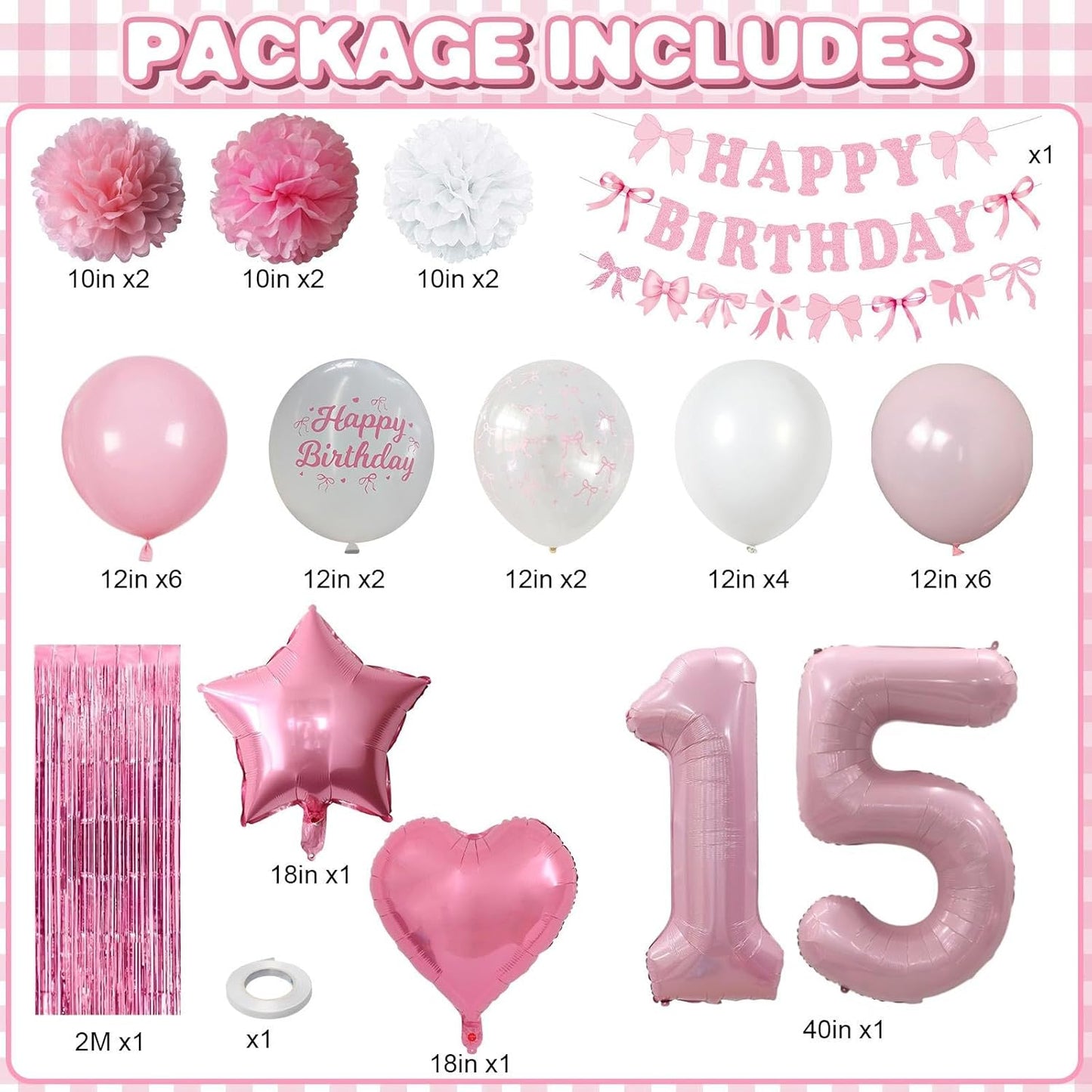 15th Birthday Decorations for Girls Pink Number 15 Balloon Bow Coquette Happy Birthday Banner Fringe Curtain Paper Pom Poms Star Heart Foil Pink White Balloons 15 Year Old Party Decor