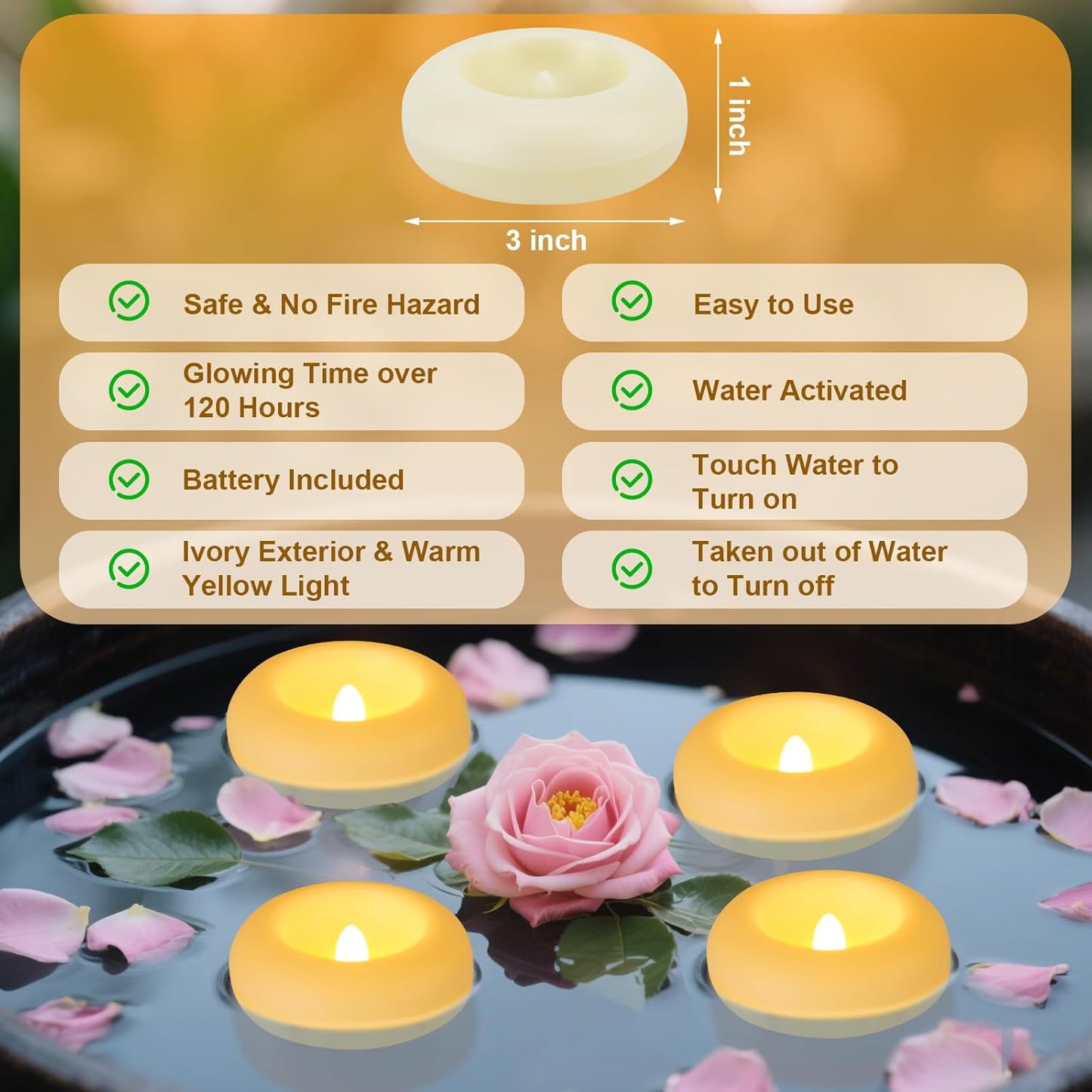 Aignis 12pcs Flameless LED Floating Candles Battery Operated, 120+ Hours Glow Time, 3 Inch Ivory Plastic Tealights, Cozy Warm Yellow Light for Romantic Pool/Bathtub/Hot Bath/Wedding Centerpiece Decor