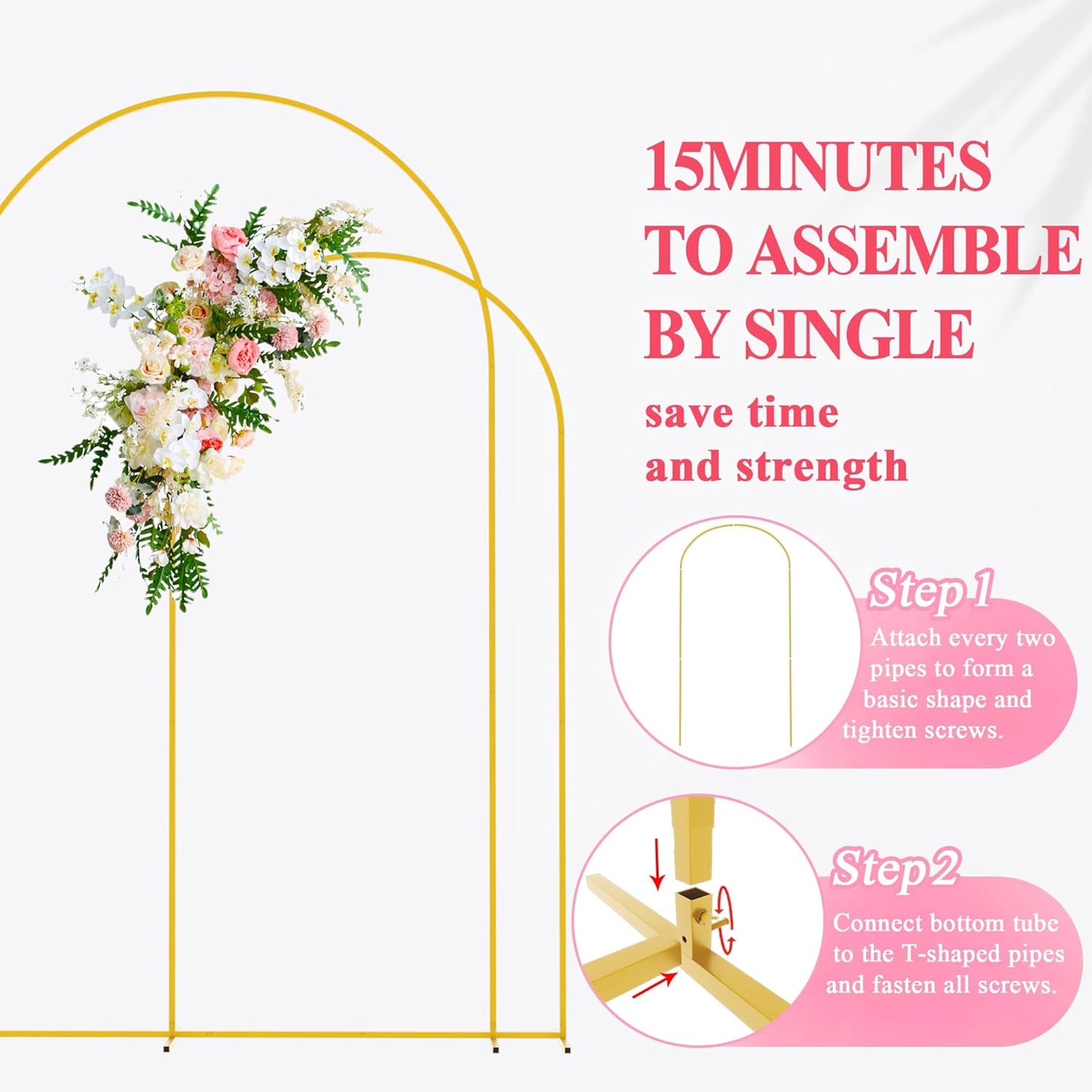 Wokceer Wedding Arch Stand 2 Set 8FT, 6.6FT Gold Metal Arch Backdrop Stand for Birthday Party Wedding Ceremony Baby Shower Garden Arch Decoration