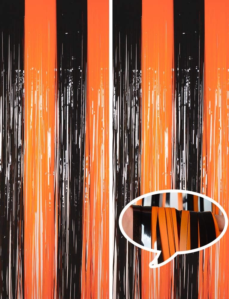 Melsan 2 Pack 3.2 ft x 8.2 ft Tinsel Foil Fringe Curtains Backdrop, Metallic Foil Curtains for Halloween Party Photo Booth Props Decorations (Black+Orange)