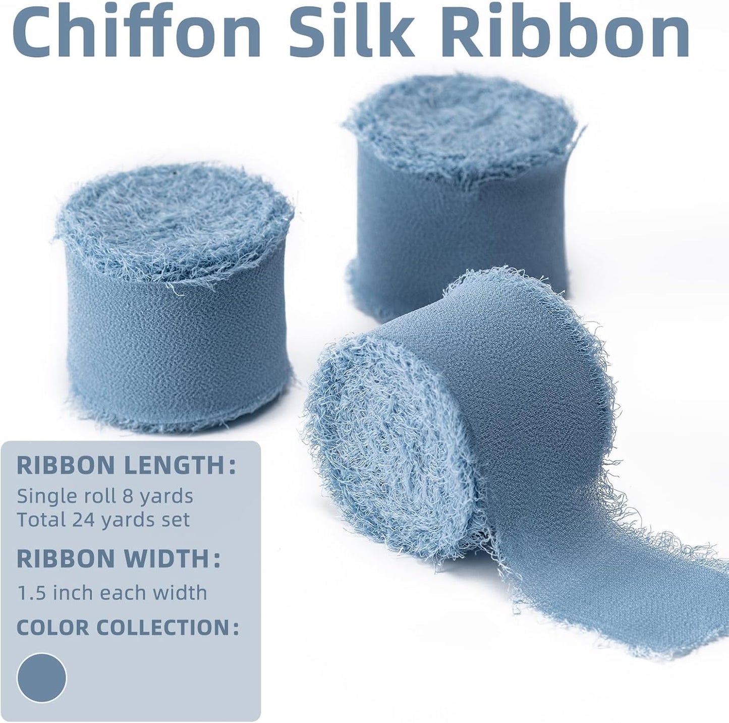 Dusty Blue Handmade Chiffon Ribbon,1.5Inch x 3 Rolls Total 24 Yards Dusty Blue Fringe Chiffon Silk Ribbon,for Wrapping Wedding Invitations,Bridal Bouquets,DIY Crafts,Home Decor and More