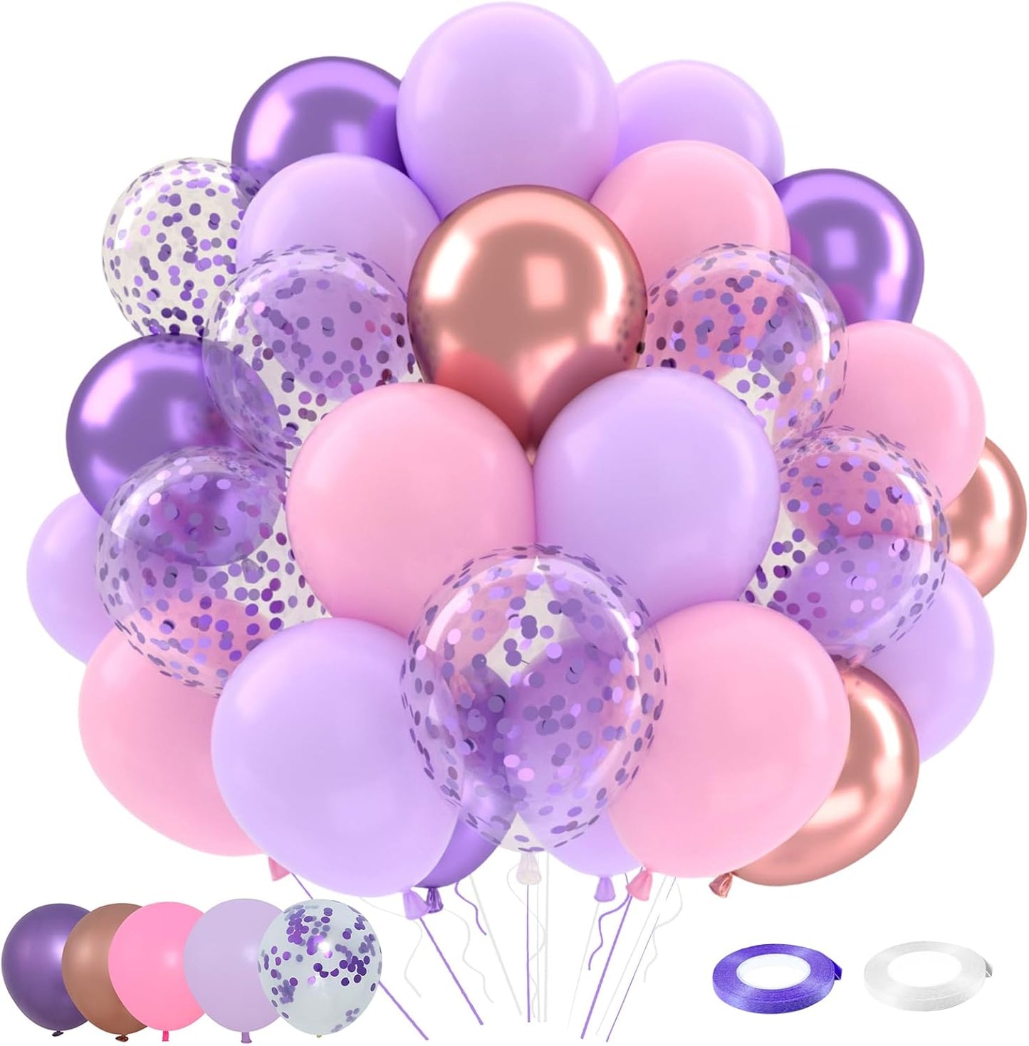 Patimate Purple and Pink Balloons Set, 50 pcs 12 inch Metallic Rose Gold Purple Pastel Pink Purple Confetti Latex Balloons Kit for Girl Birthday Baby Shower Wedding Party Decorations
