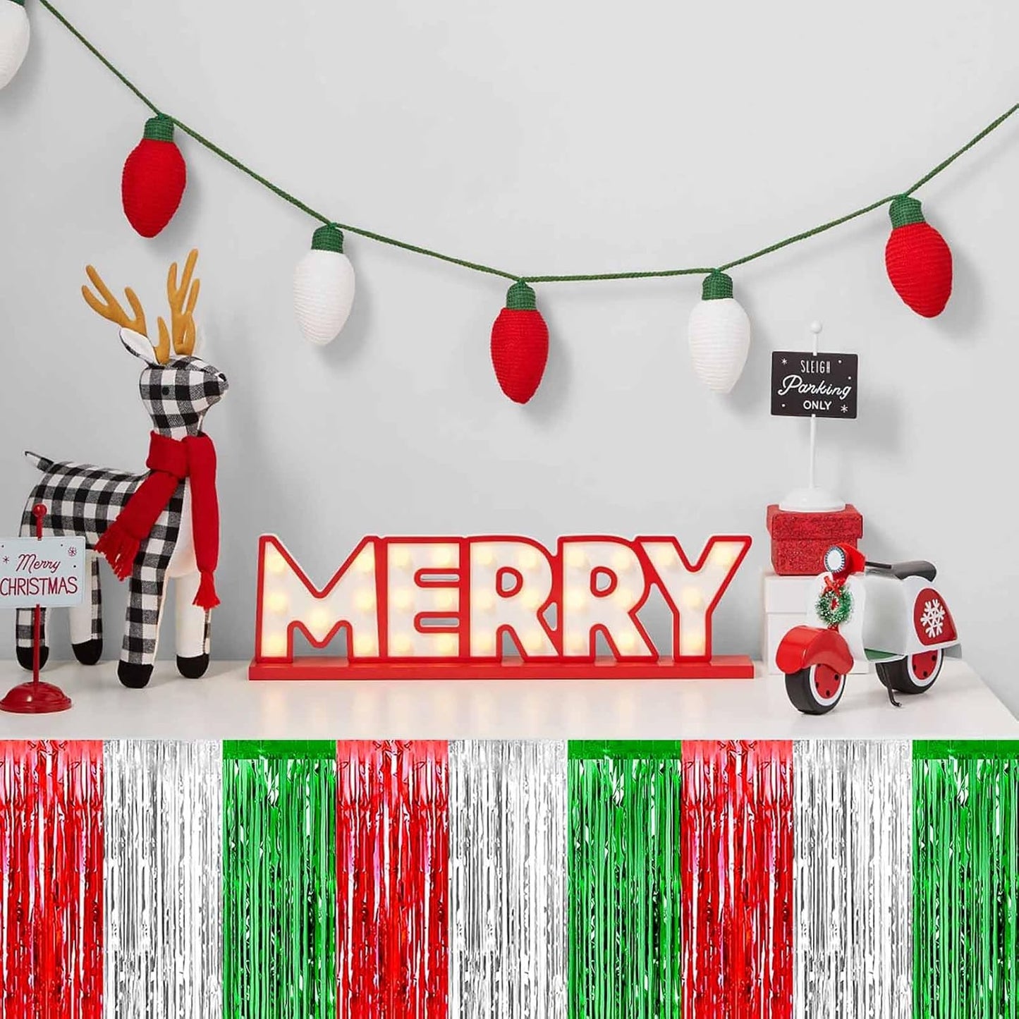 4 Pack 29x108 Inch Metallic Foil Fringe Tinsel Table Skirts for Rectangle Tables Streamer Backdrop for Wedding, Birthday, Parade Floats, Christmas, Halloween Party Decoration(Red Silver Green)