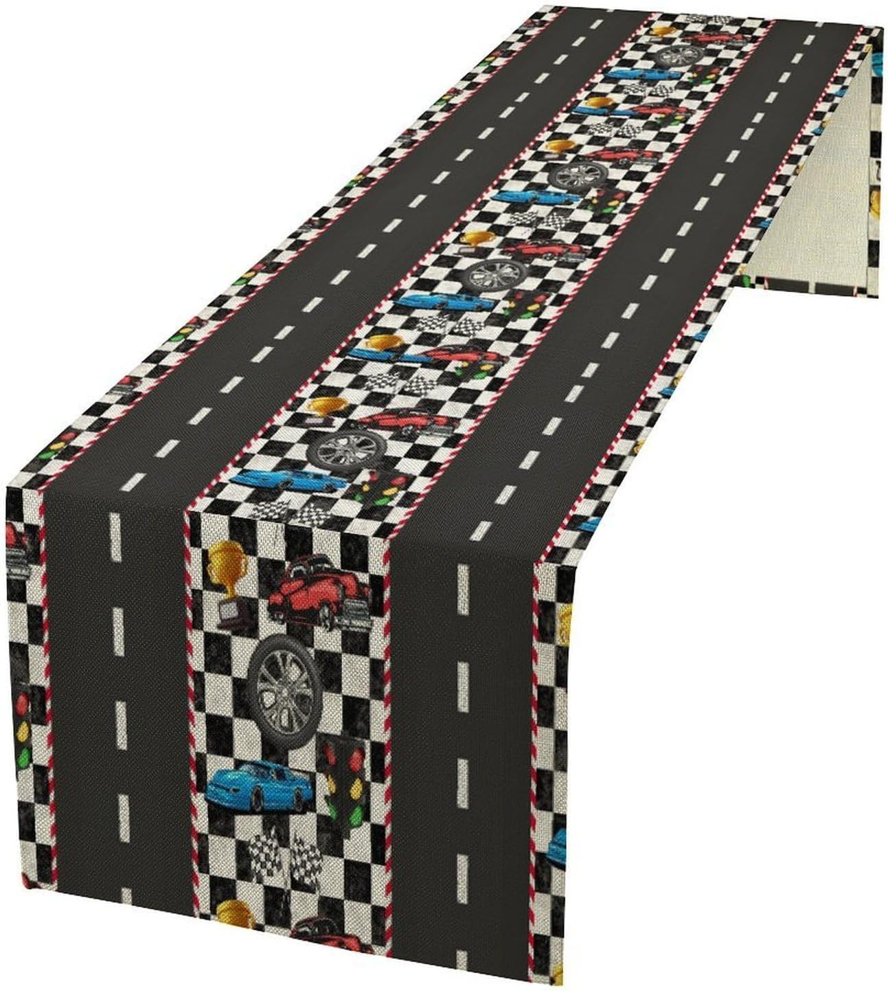 Race Car Table Runner,Checkered Flag Black and White Race Cars Pattern Print Tablecloth Burlap for Hotel Indoors Outdoor Dining Room Kitchen Home Decor,W13X L80 in