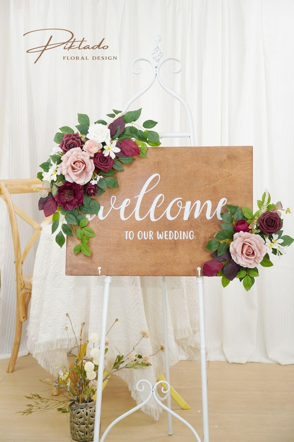 Wedding Decor (Pack of 2) Welcome Sign Flower Backdrop Garland for Ceremony Reception Wall Easel Home Decoration Entryway Faux Outdoor Board Head Table Decor (Burgundy & Dusty Rose)