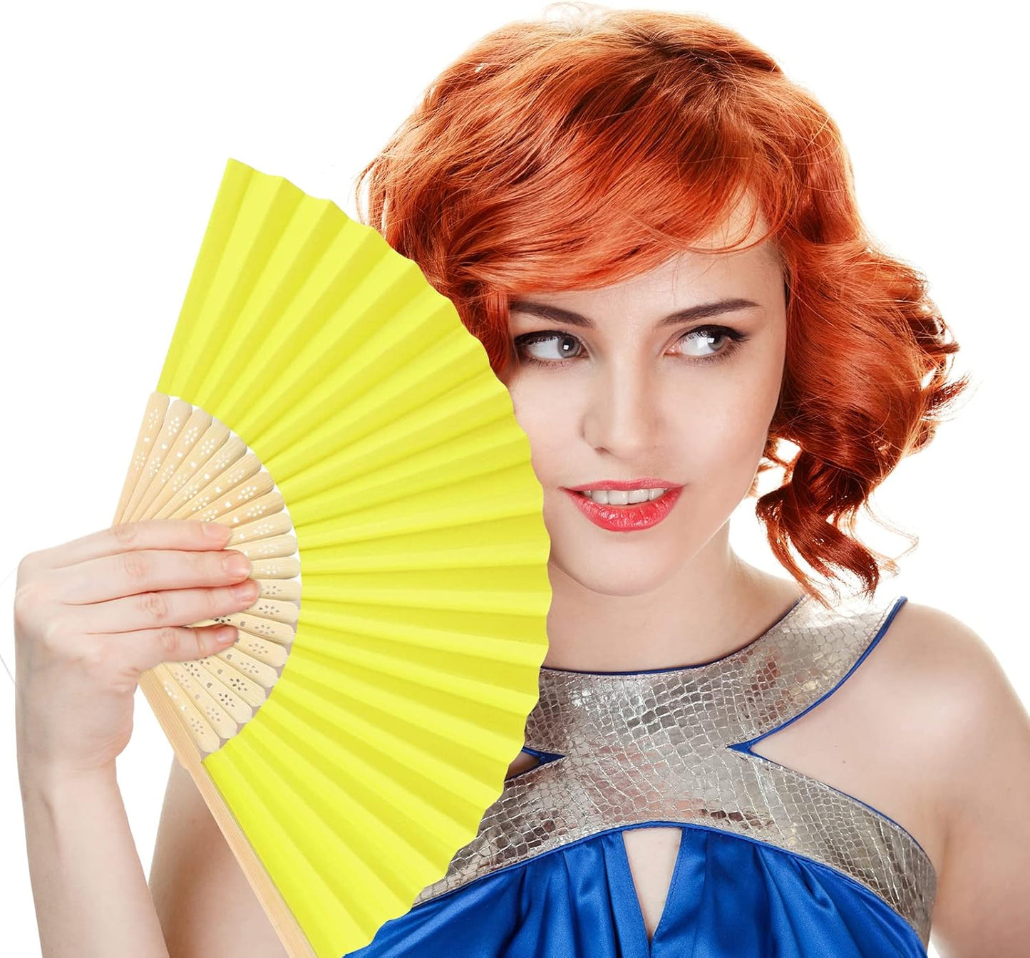 FEPITO 20 Pieces Handheld Yellow Paper Fan Paper Folding Fans with Bamboos for Wedding Gift, Party, Home